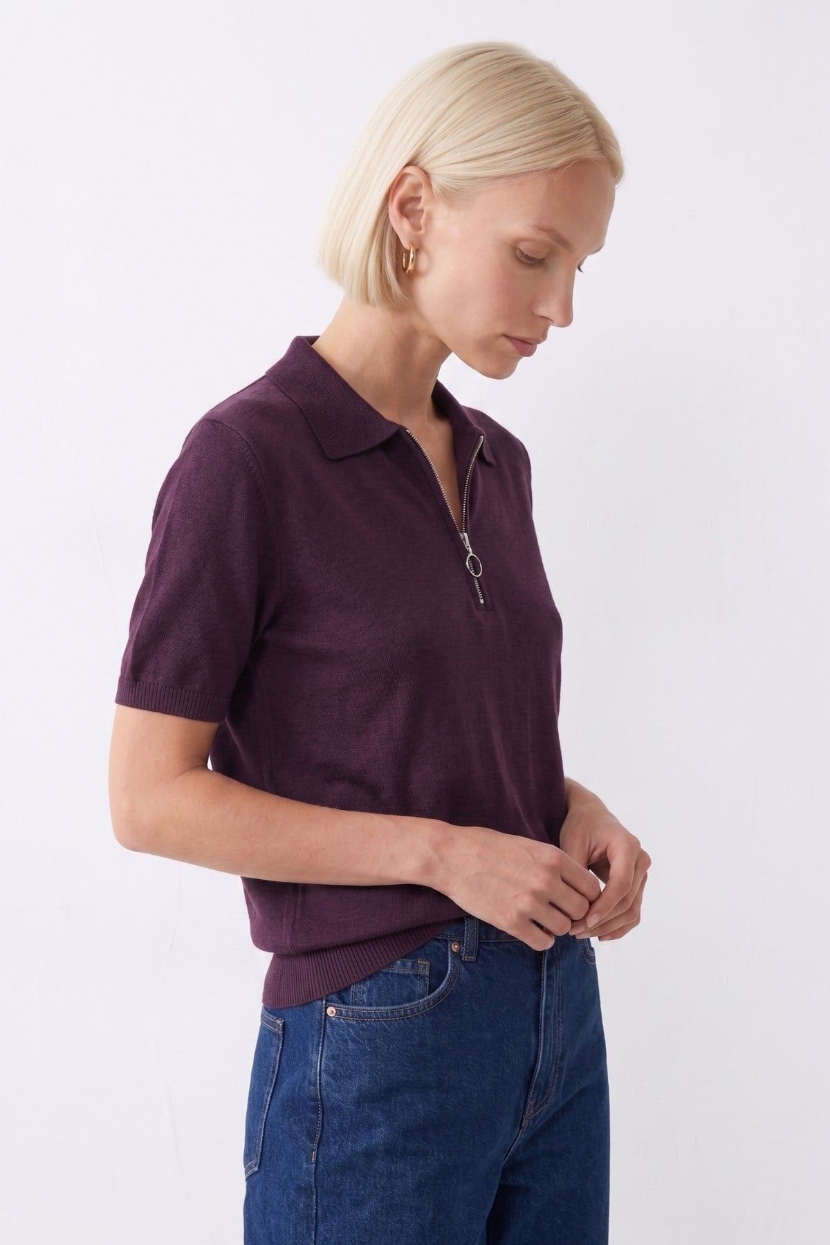Halka Fermuar Kısa Kol Triko Bluz MURDUM