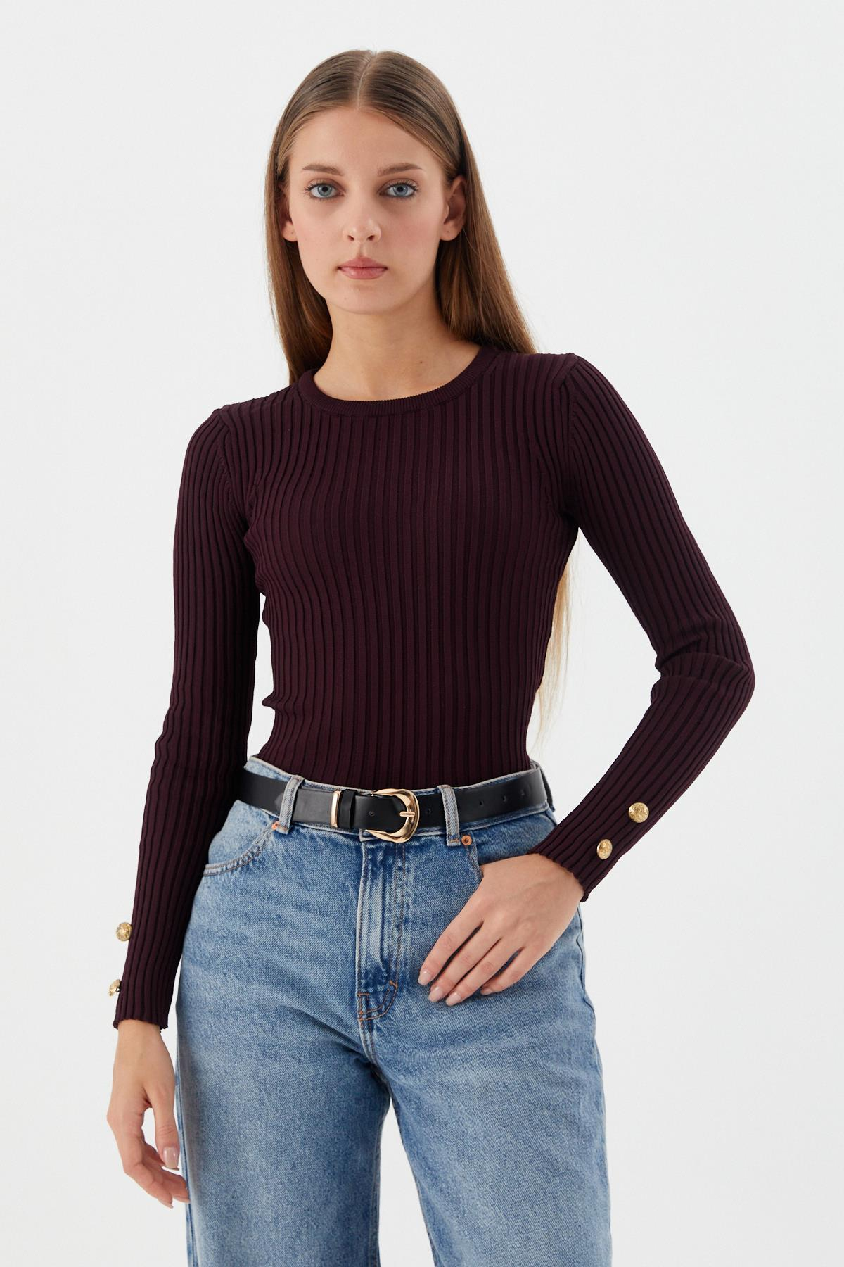 Kolları Düğmeli Fitilli Body BORDO