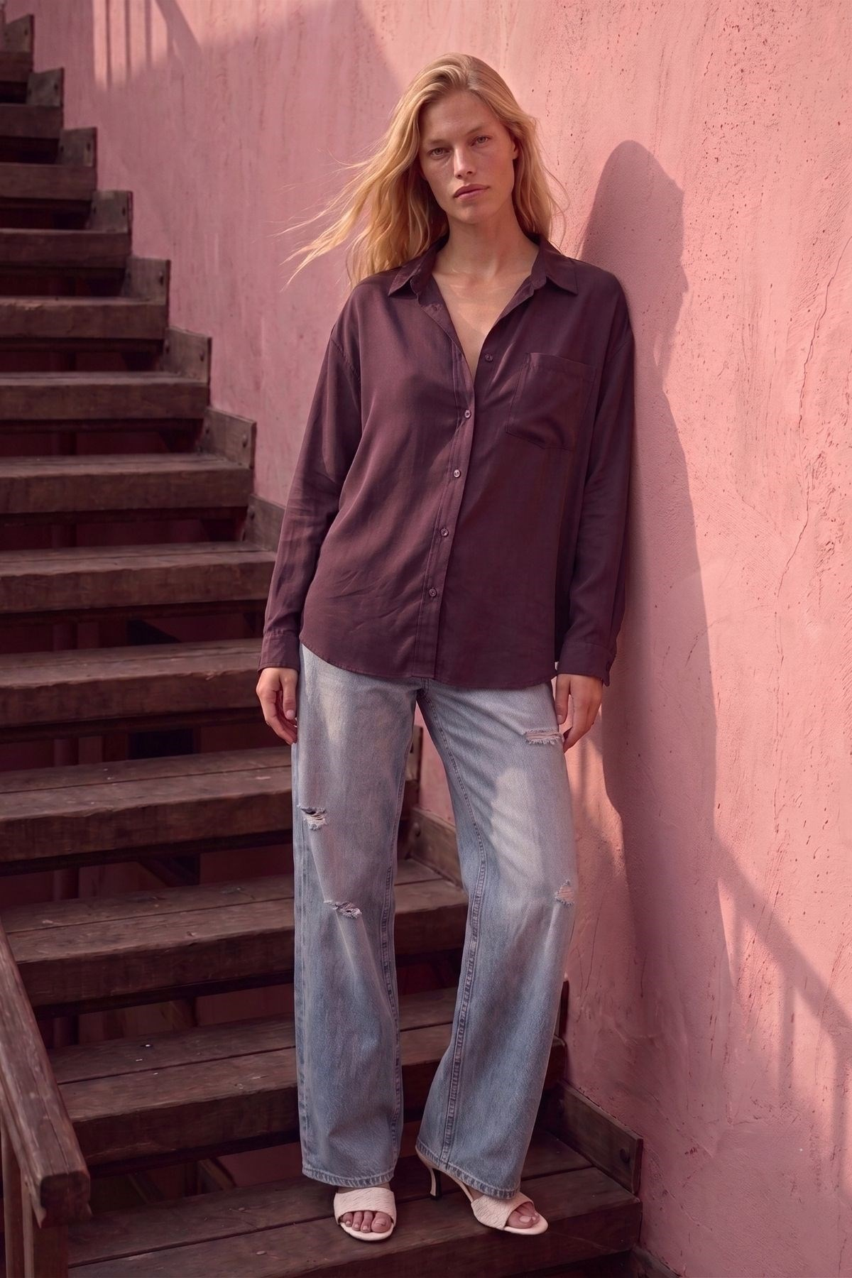Modal Kumaş Açık Yaka Oversize Gömlek BORDO