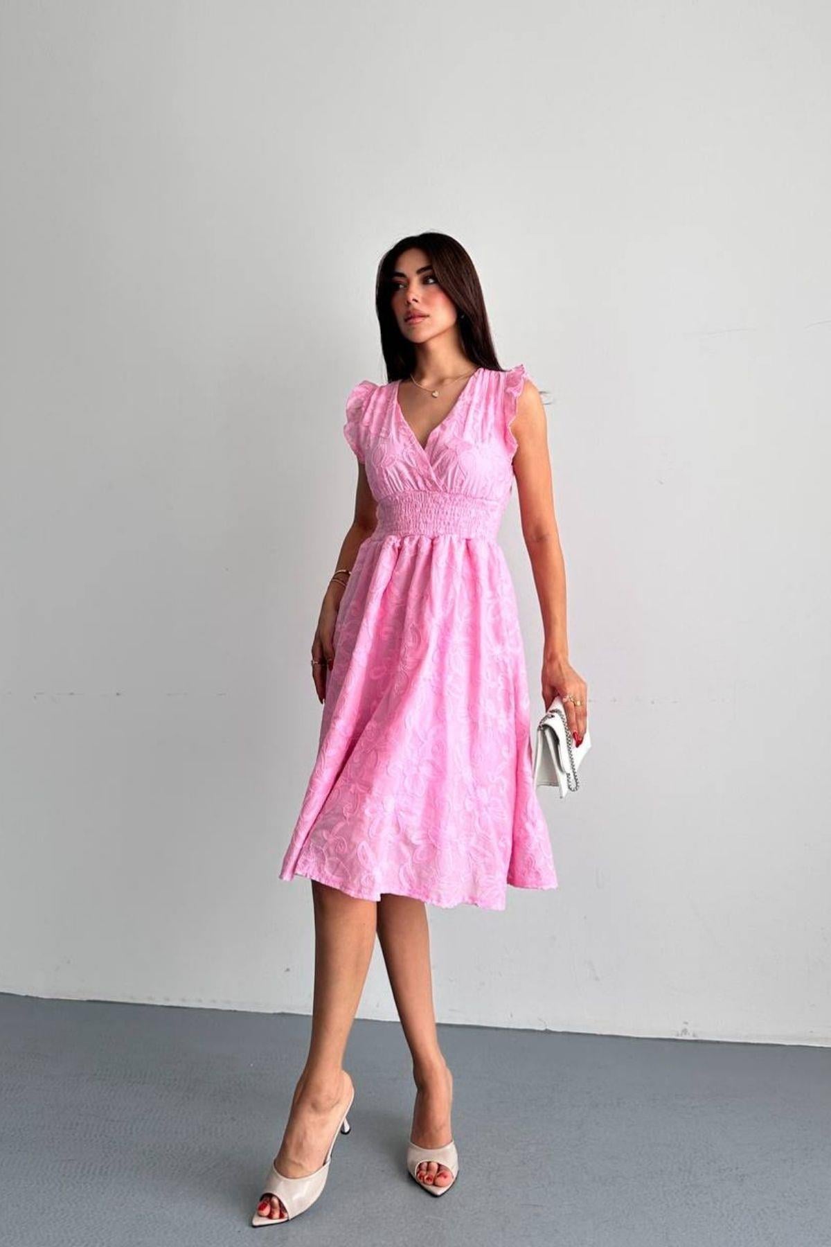 Nakışlı Midi Boy Elbise PEMBE