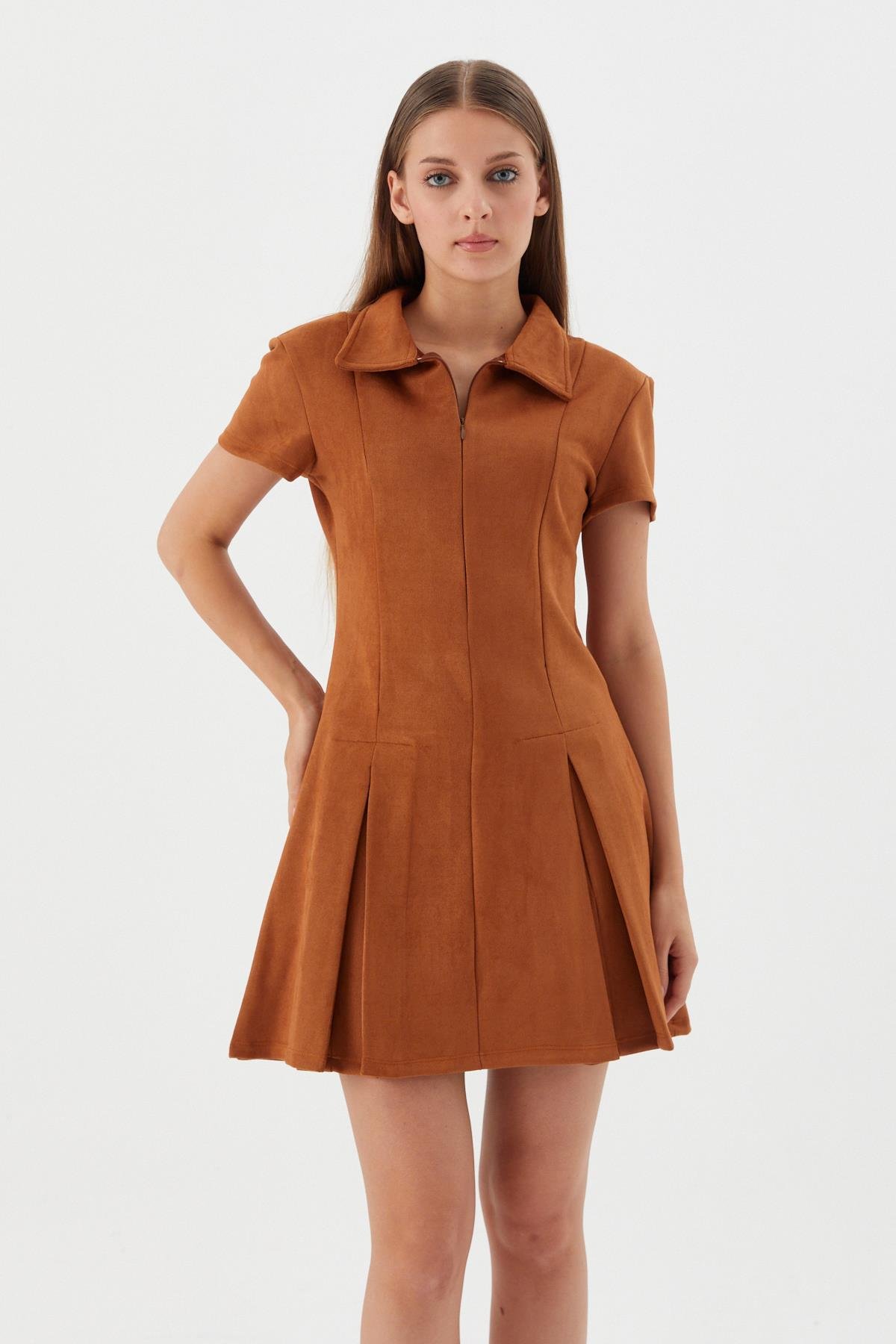 Süet Mini Elbise TABA