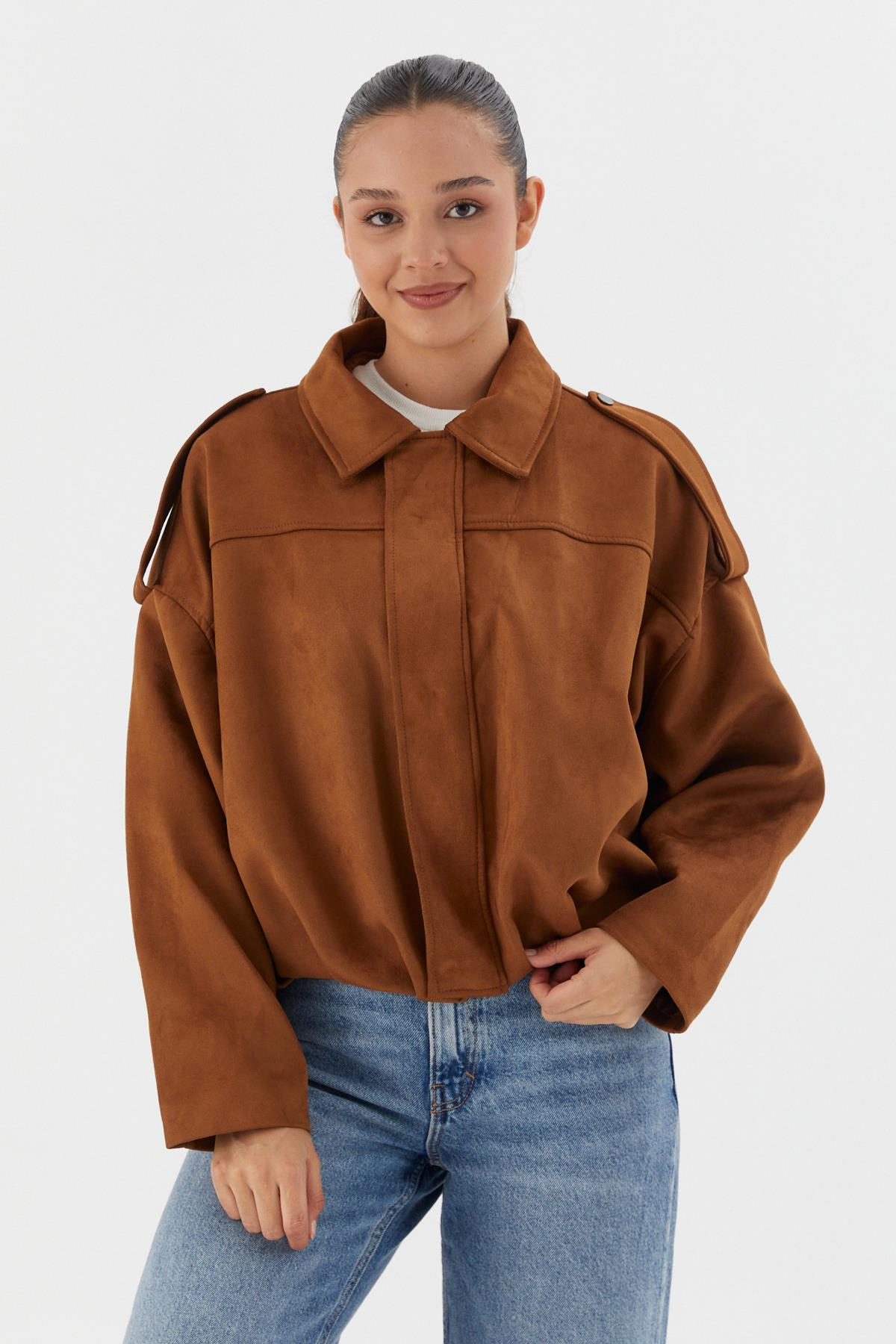 Süet Oversize Bomber Ceket KAHVE