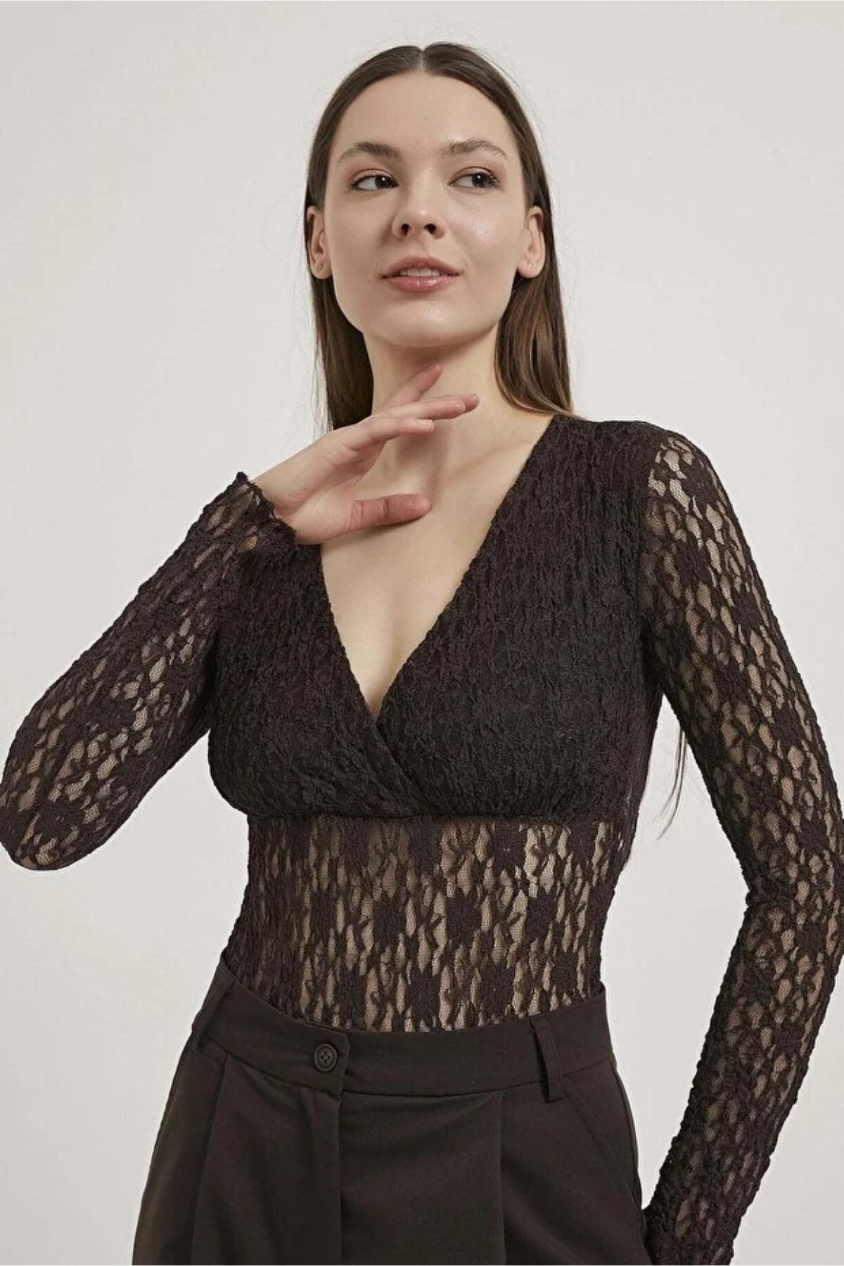 Uzun Kollu Dantel Bodysuit KAHVE