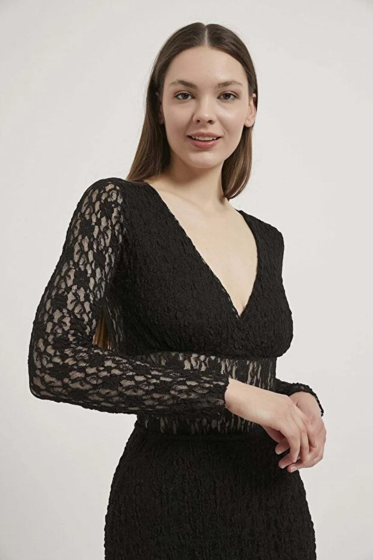 Uzun Kollu Dantel Bodysuit SIYAH