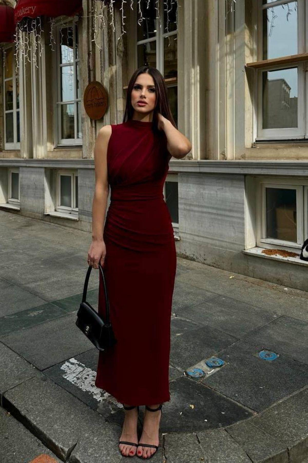 Yırtmaçlı Sandy Elbise BORDO