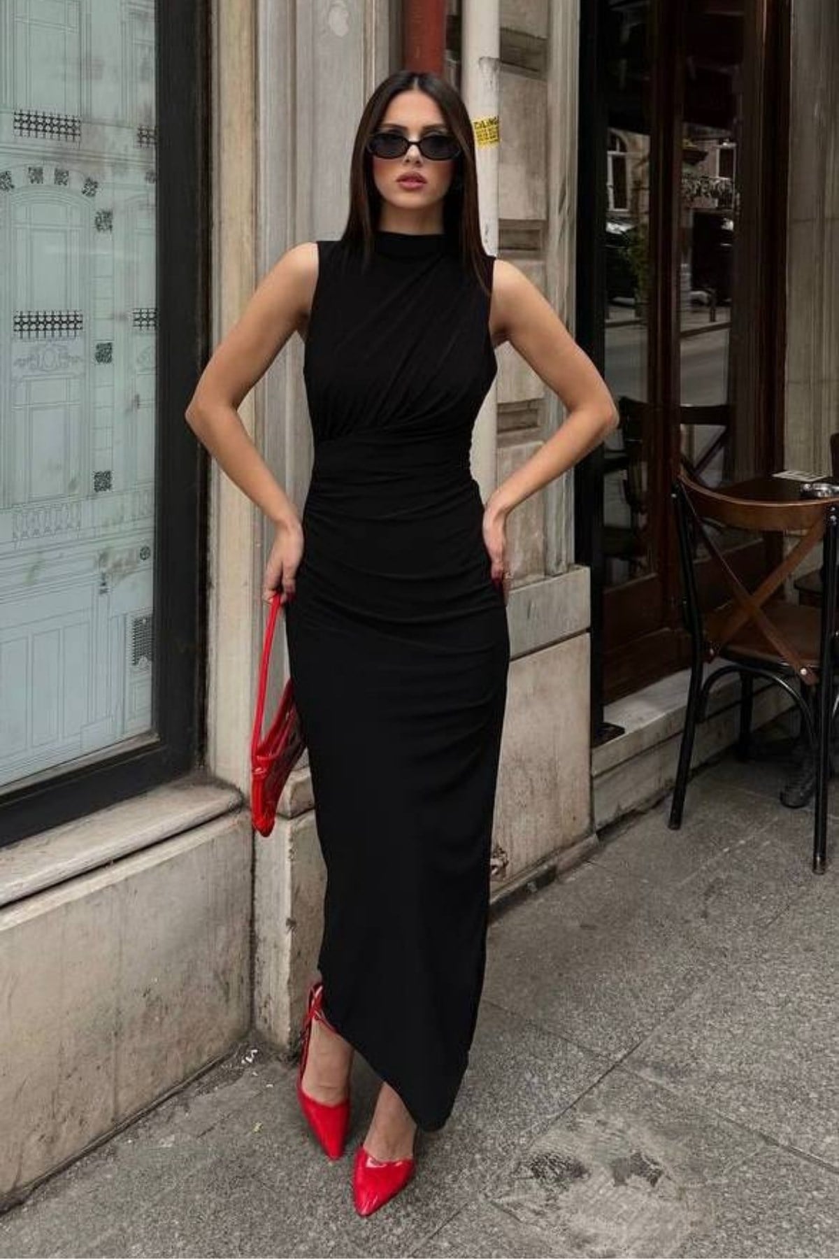 Yırtmaçlı Sandy Elbise SIYAH