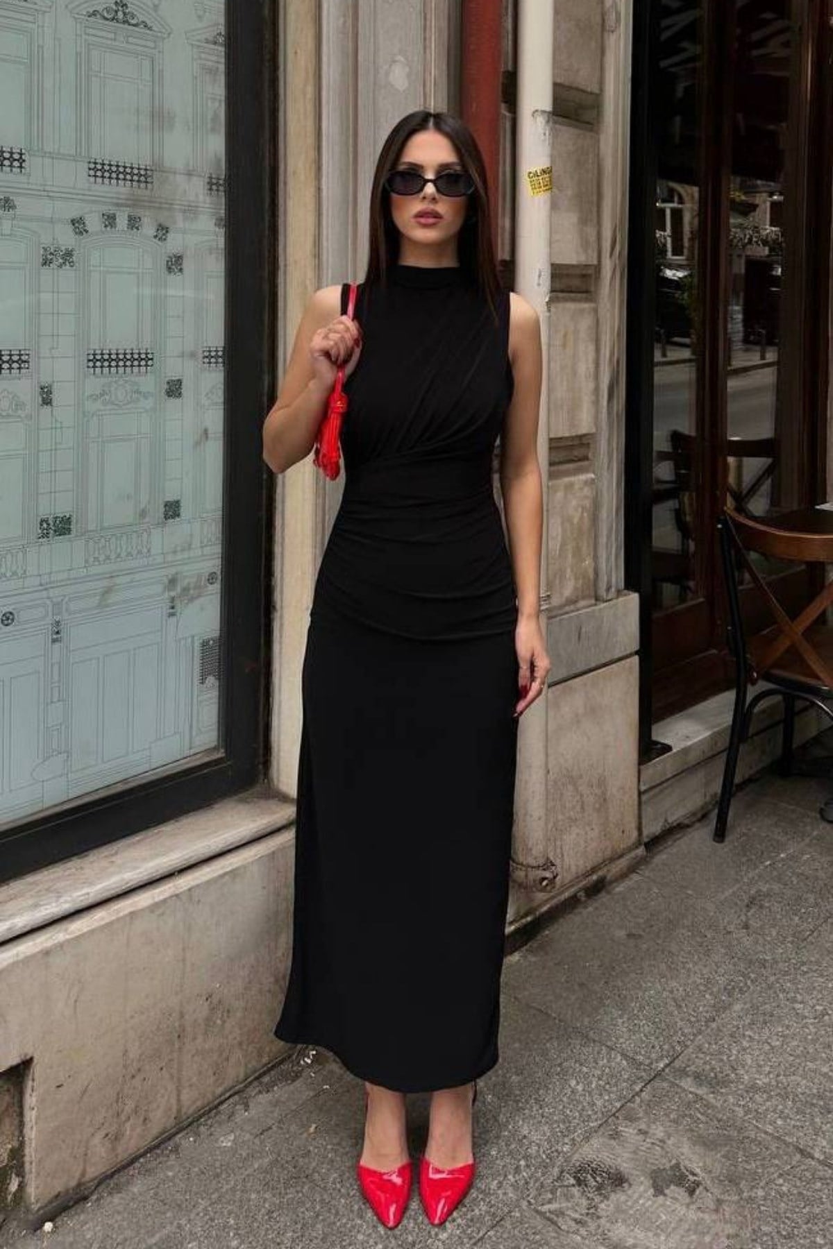 Yırtmaçlı Sandy Elbise SIYAH