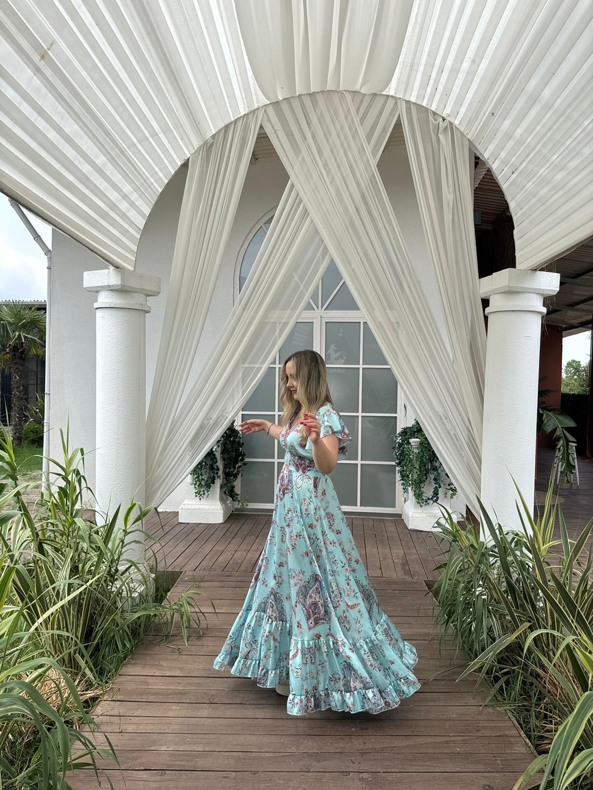 ANGEL İPEK SATEN İTHAL BELİ LASTIKLI TASARIM ELBİSE SU YEŞİLİ