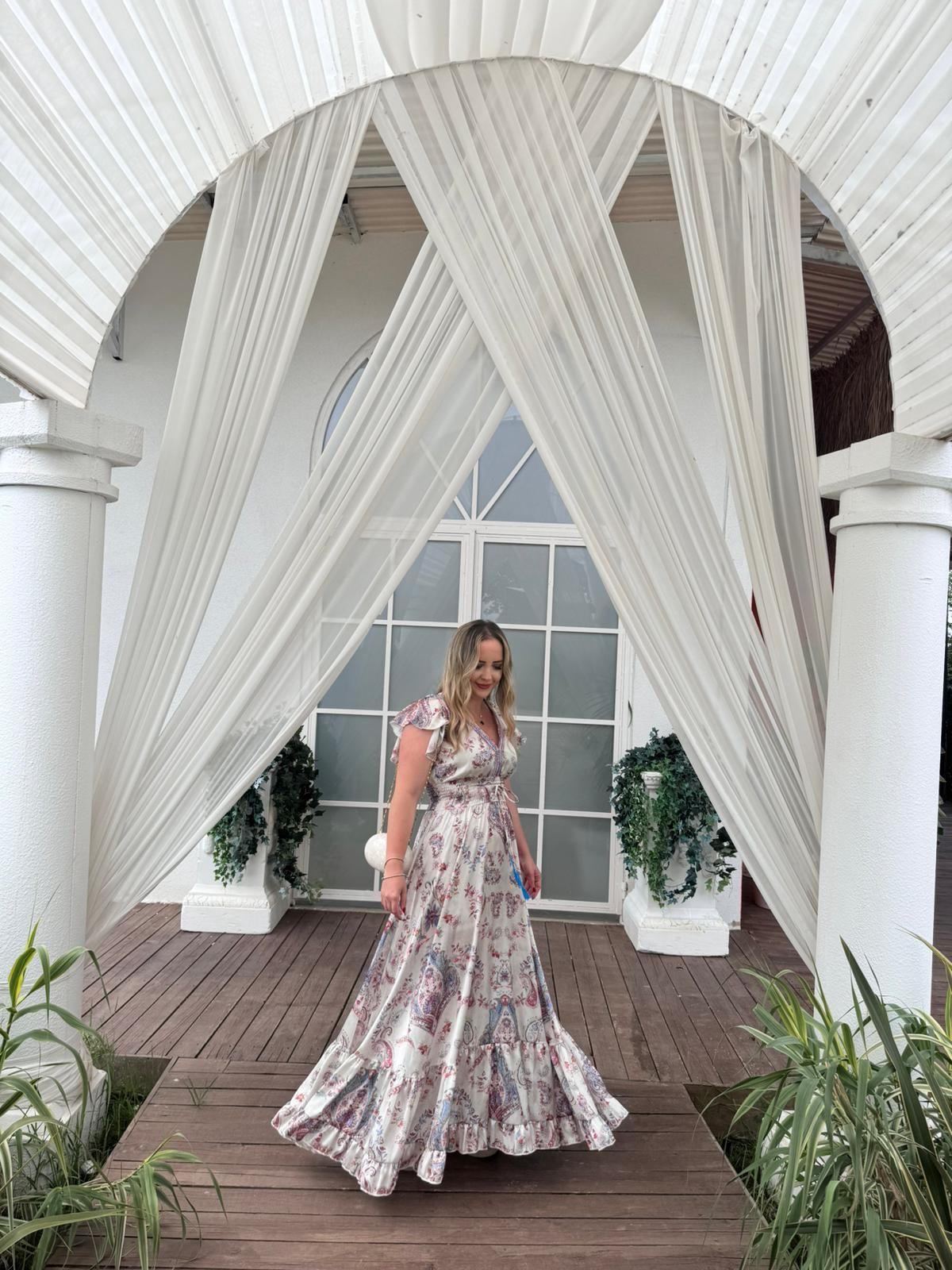 ANGEL İPEK SATEN İTHAL BELİ LASTIKLI TASARIM ELBİSE EKRU