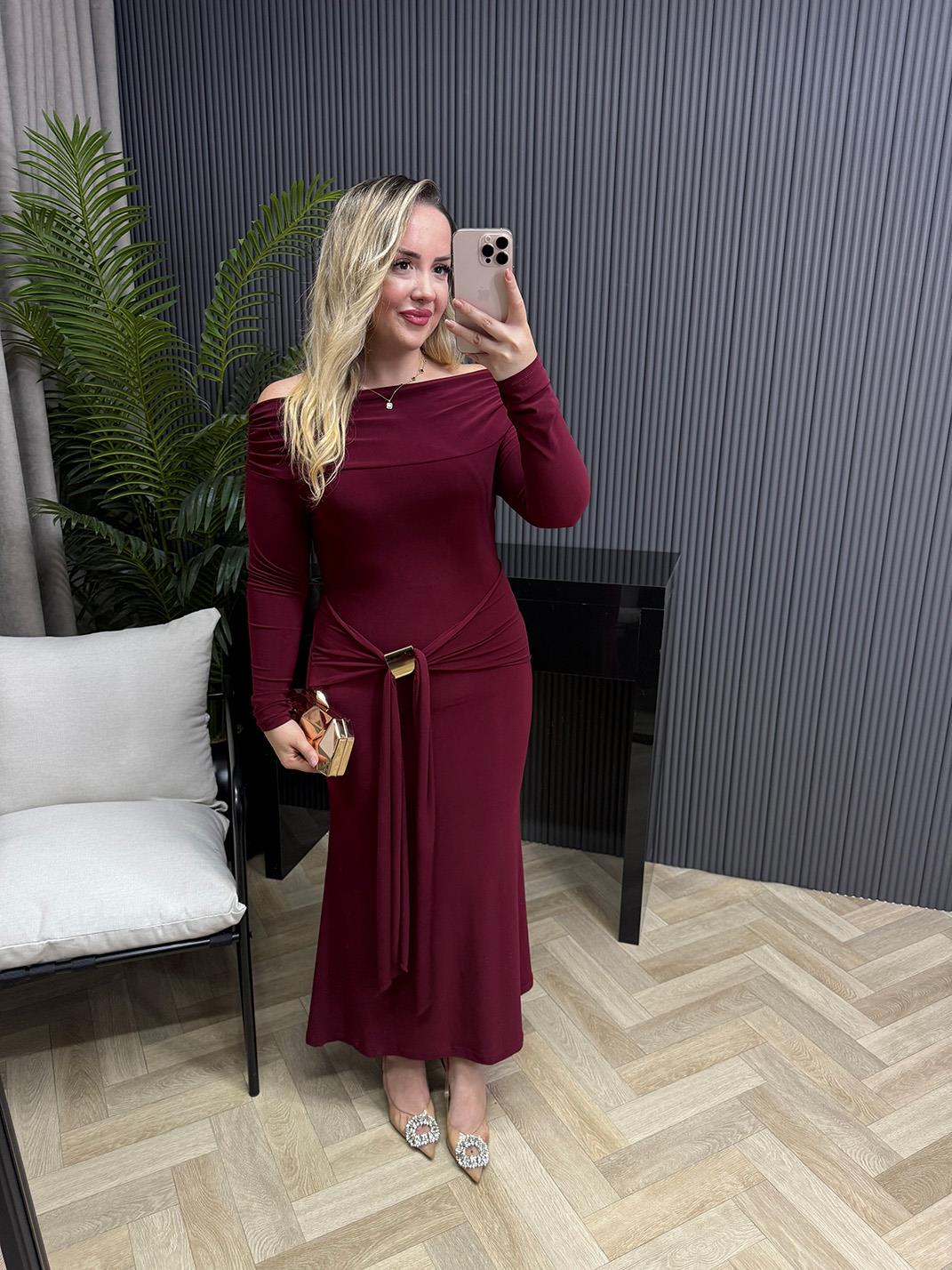 Aura Gold Detaylı Madonna Yaka Elbise Bordo