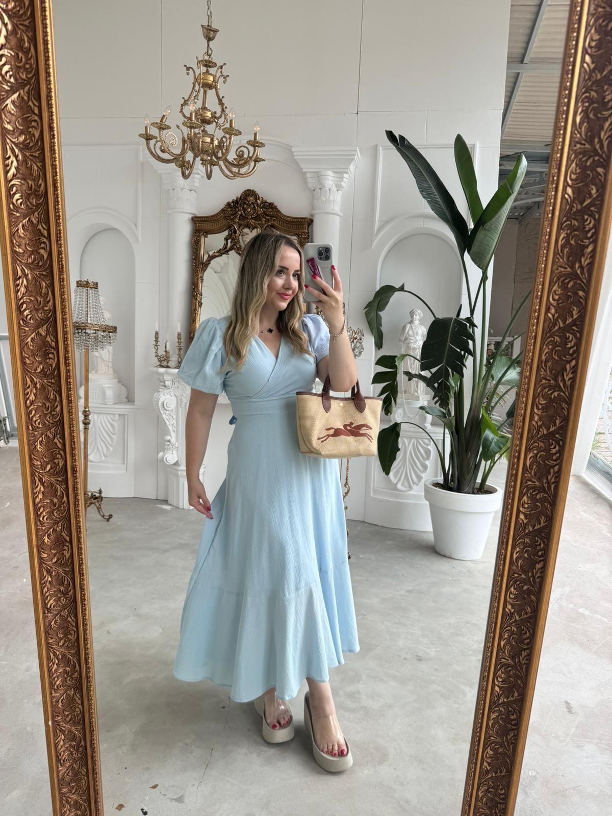 BALON KOL BEBEK MAVİ KETEN ELBİSE