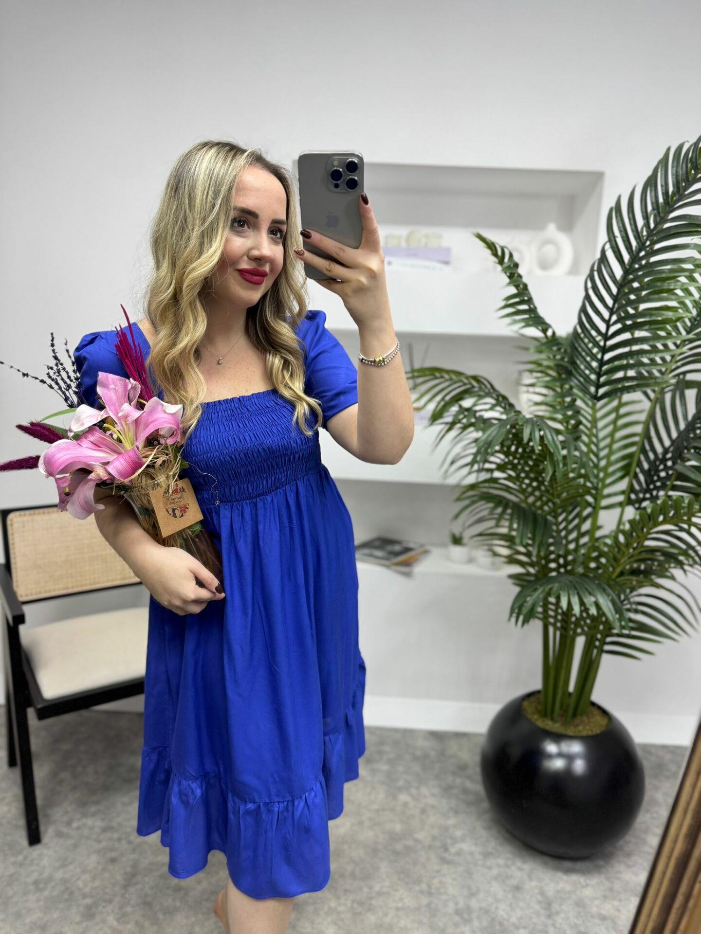 BALON KOL GİPELİ PAMUK POPLİN ELBİSE MAVİ