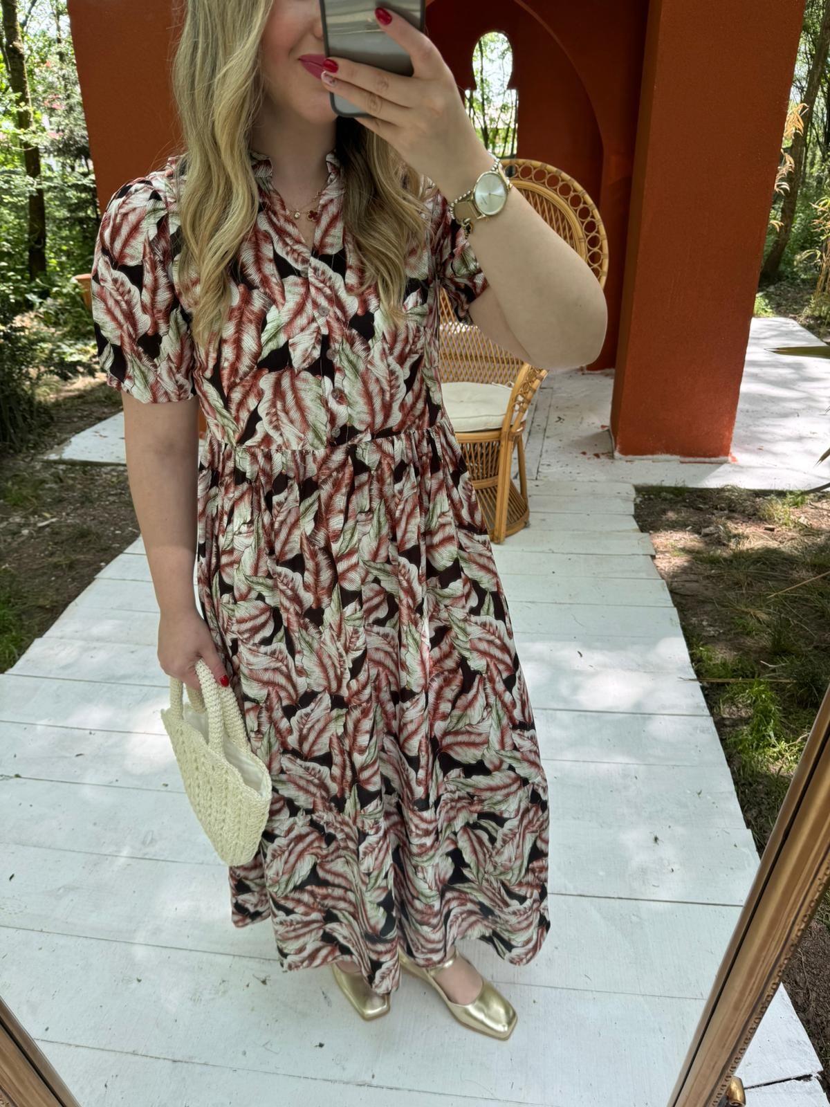 BALON KOL YAPRAK DESENLİ KISA KOLLU ELBİSE KAHVERENGİ