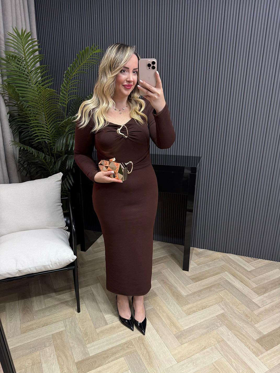 Barnes Gold Detaylı Orj Marka Model Elbise Kahverengi