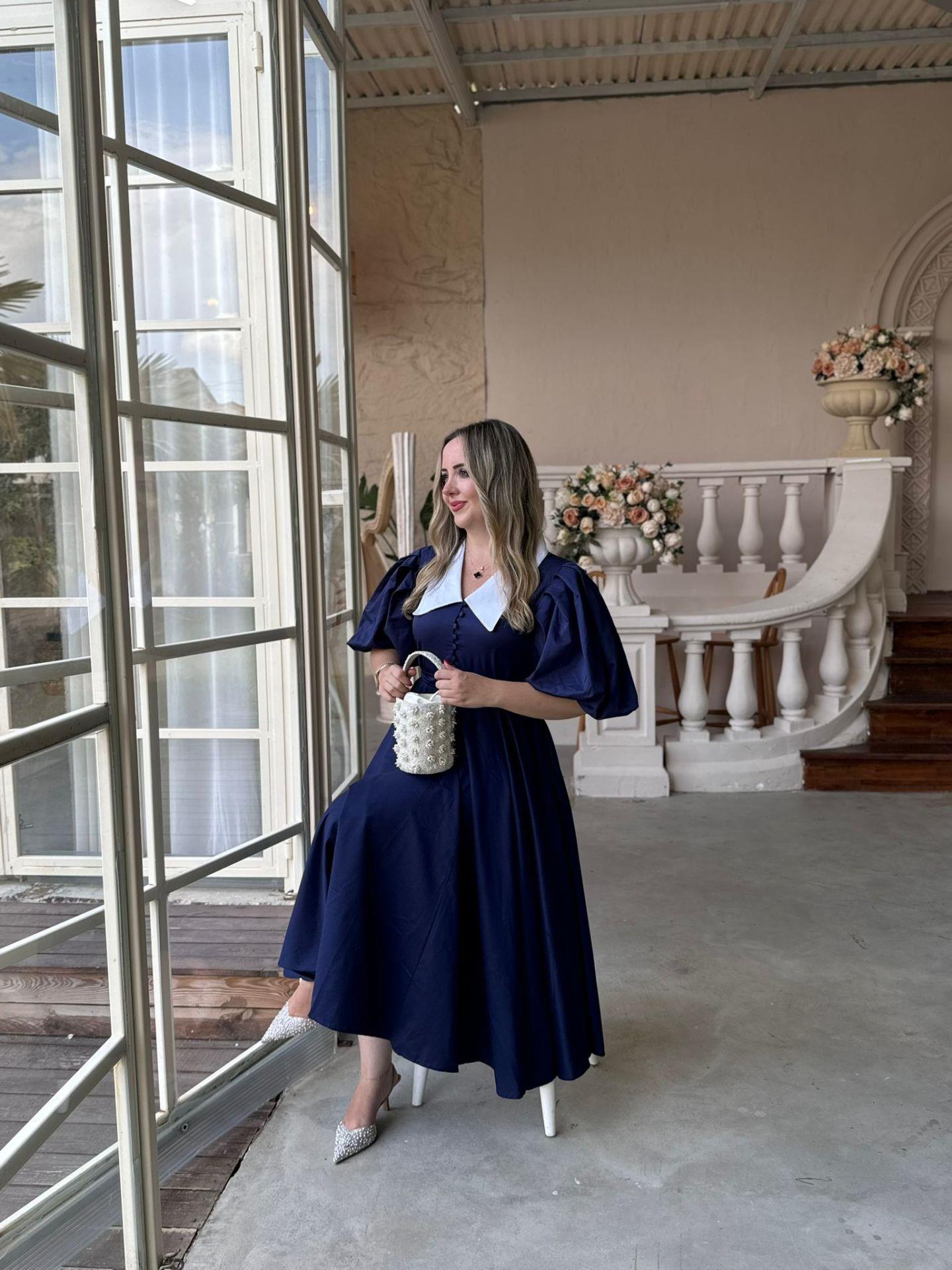 BEGONVİL BALON KOL TASARIM ELBİSE LACİVERT