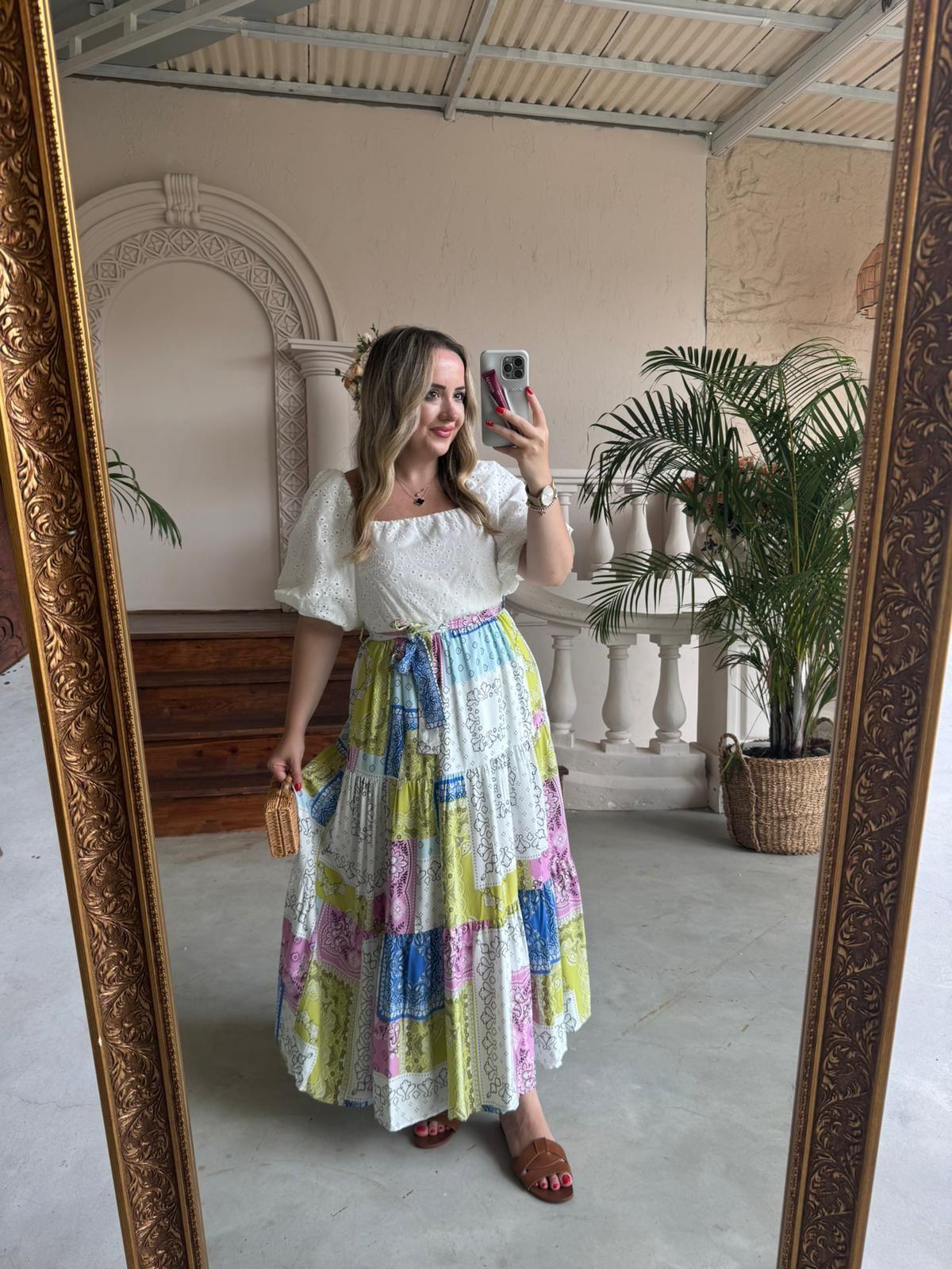 BELİNAY FİSTO BALON KOL DETAYLI ELBİSE MAVİ DESENLİ