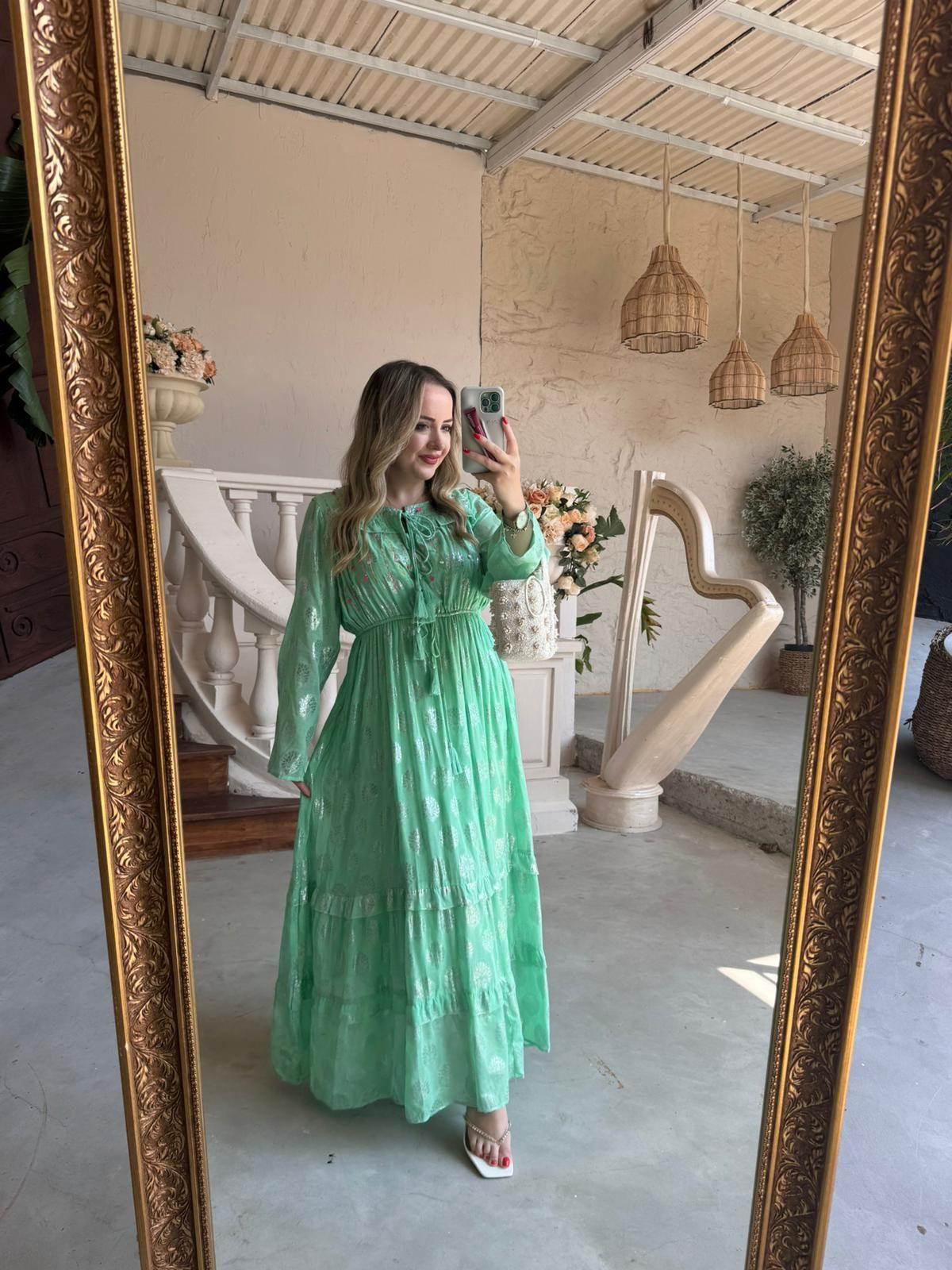 BELİS İTHAL ÖZEL TASARIM UZUN ELBİSE MİNT YEŞİL