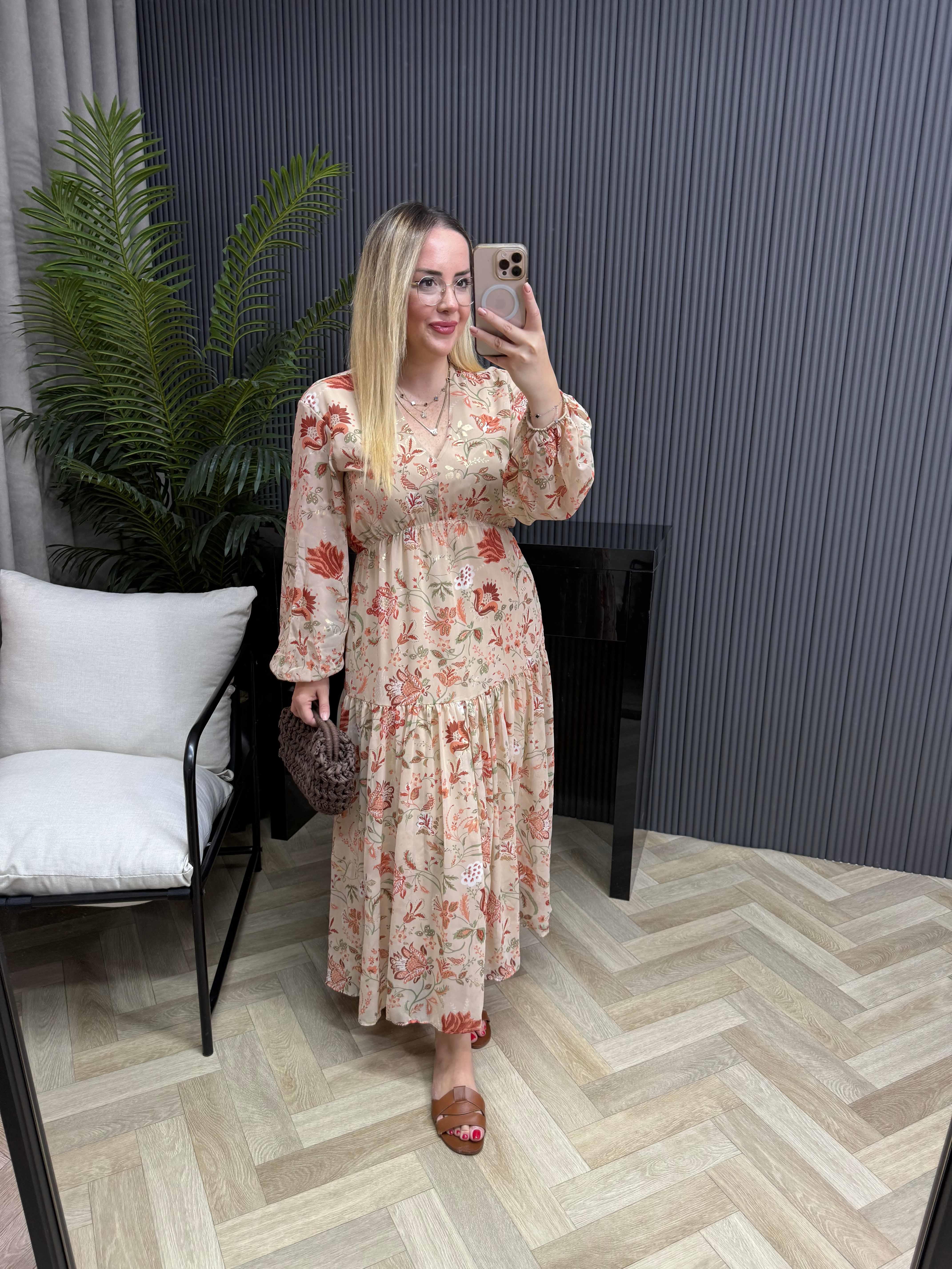 Çiçekli Şifon Kumaş Beli Lastikli Şifon Elbise Yavruağızı