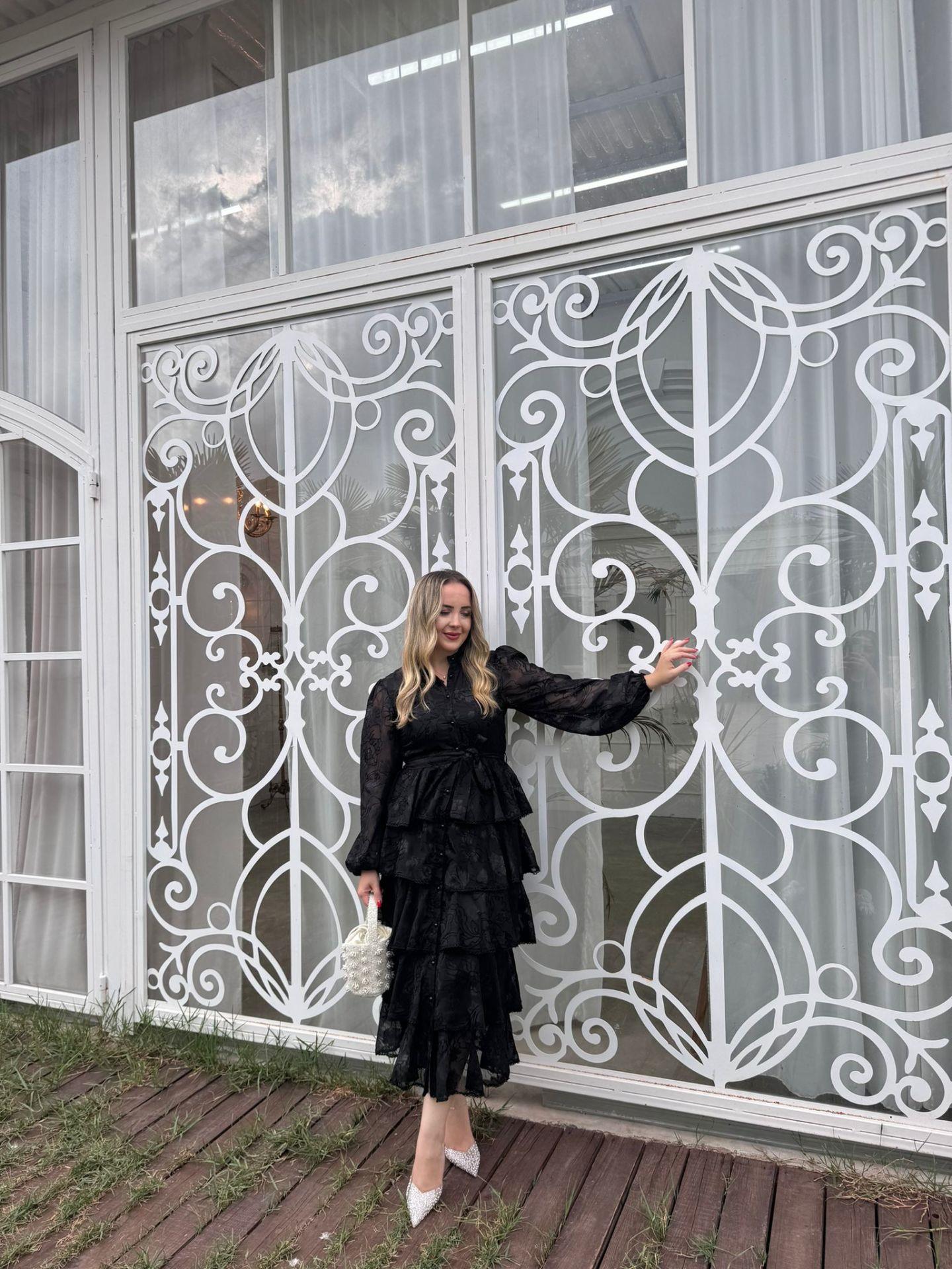 DİAMOND KAT KAT TASARIM ŞİFON ELBİSE SİYAH