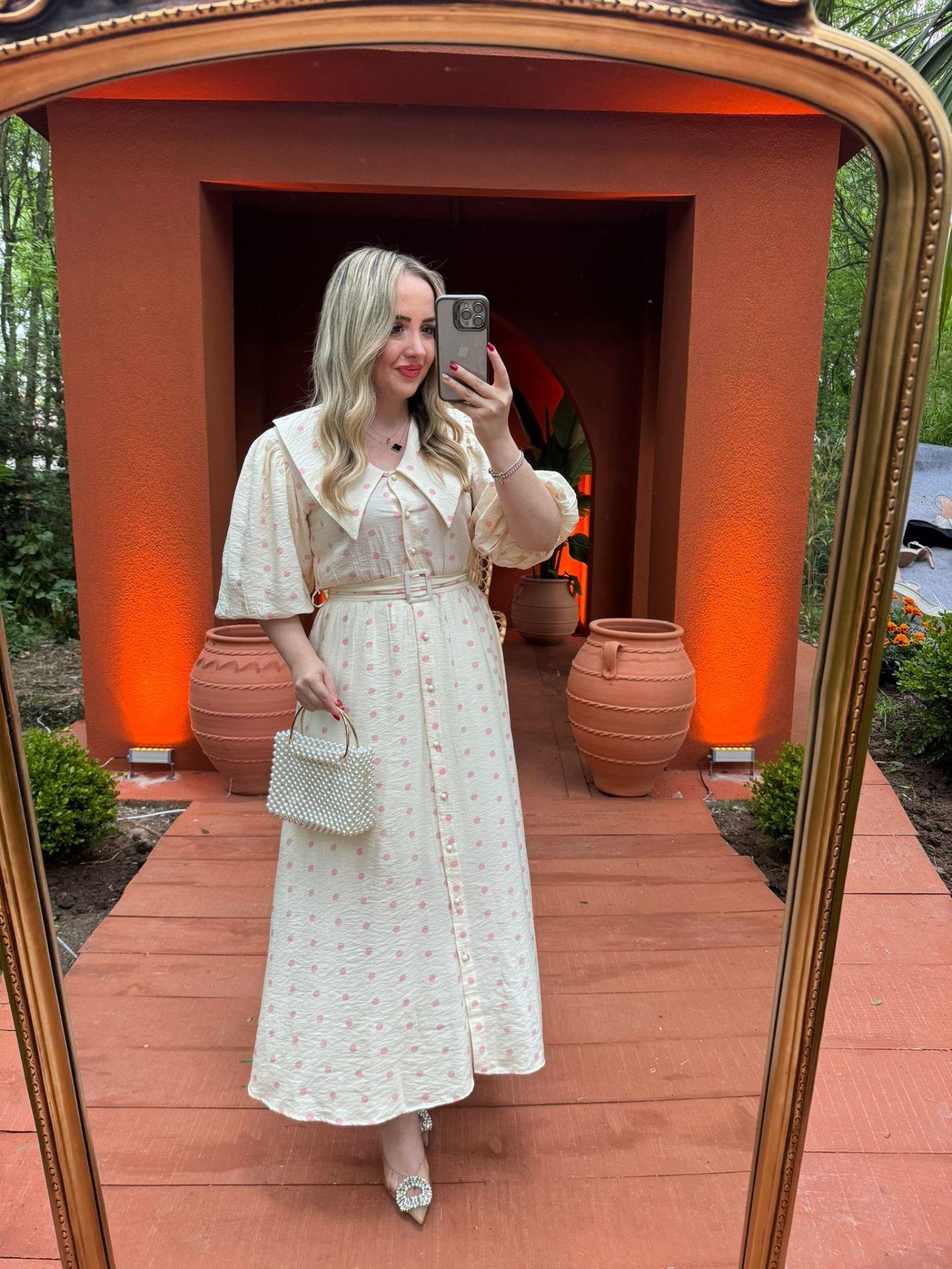 DİANA BALON KOL BEBE YAKA PEMBE PUANTİYELİ ELBİSE