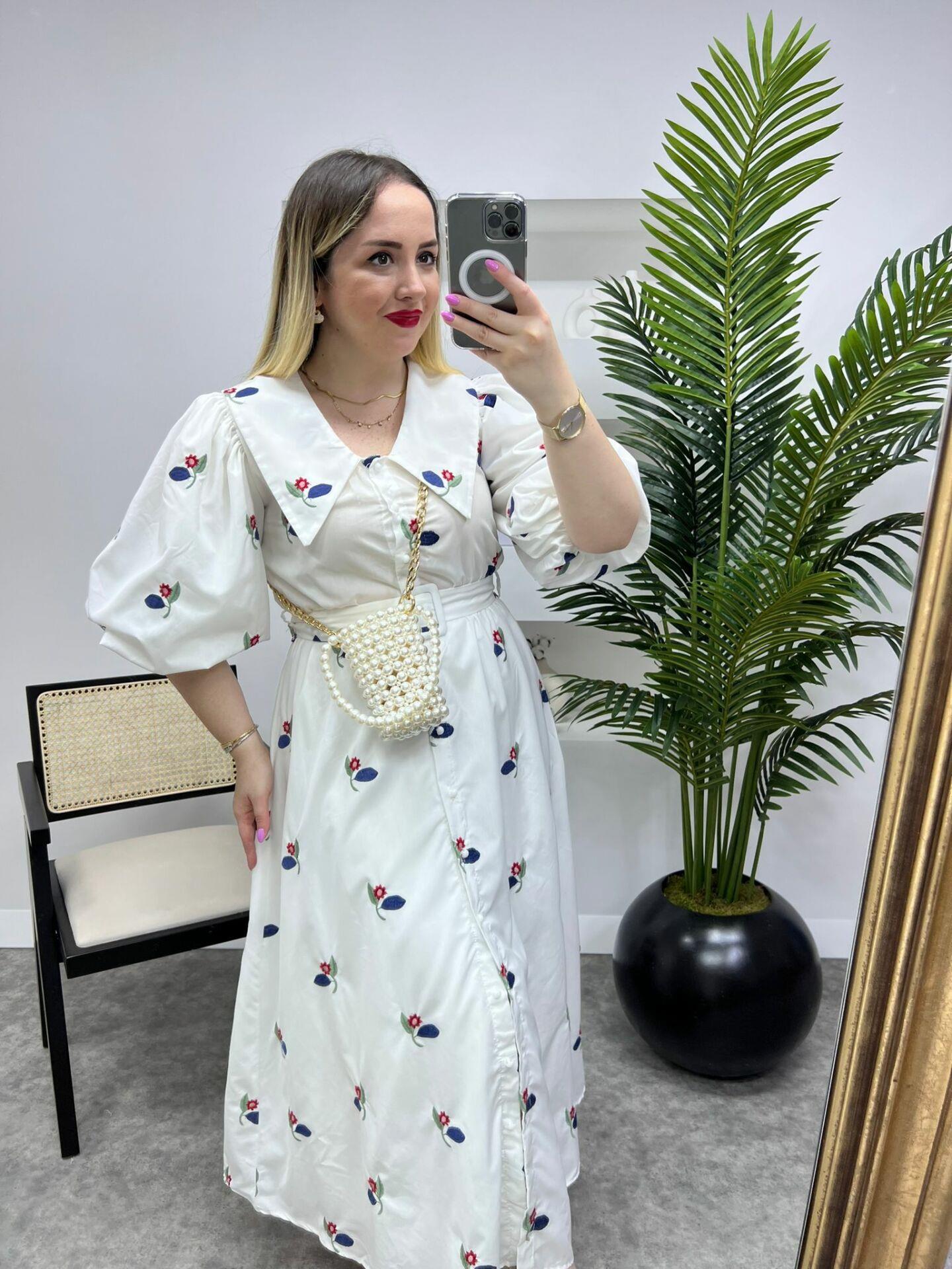 DİANA BALON KOL MAVİ ÇİÇEKLİ PAMUK KUMAŞ ELBİSE