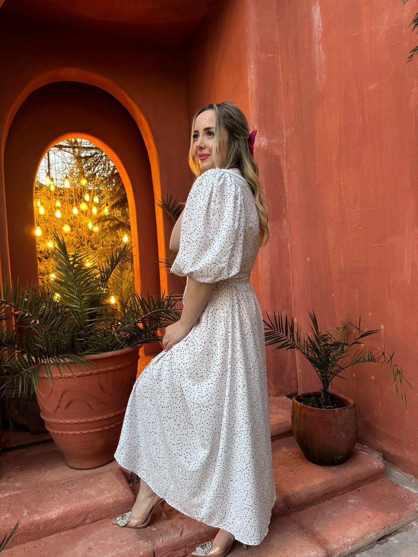 DİANA BALON KOL PUANTİYE TASARIM ELBİSE BEYAZ