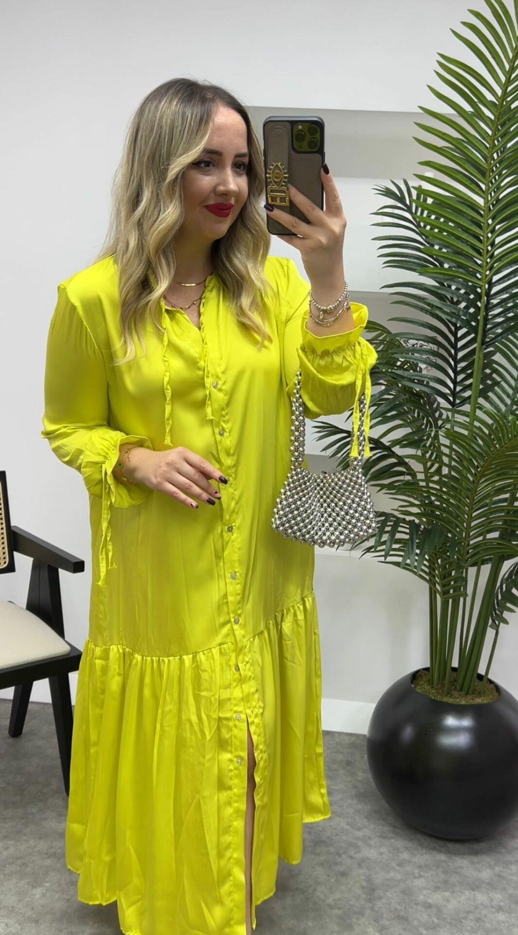 İPEK SATEN ÖNDEN DÜĞMELİ  MNGO ELBİSE OLİVE SARİ