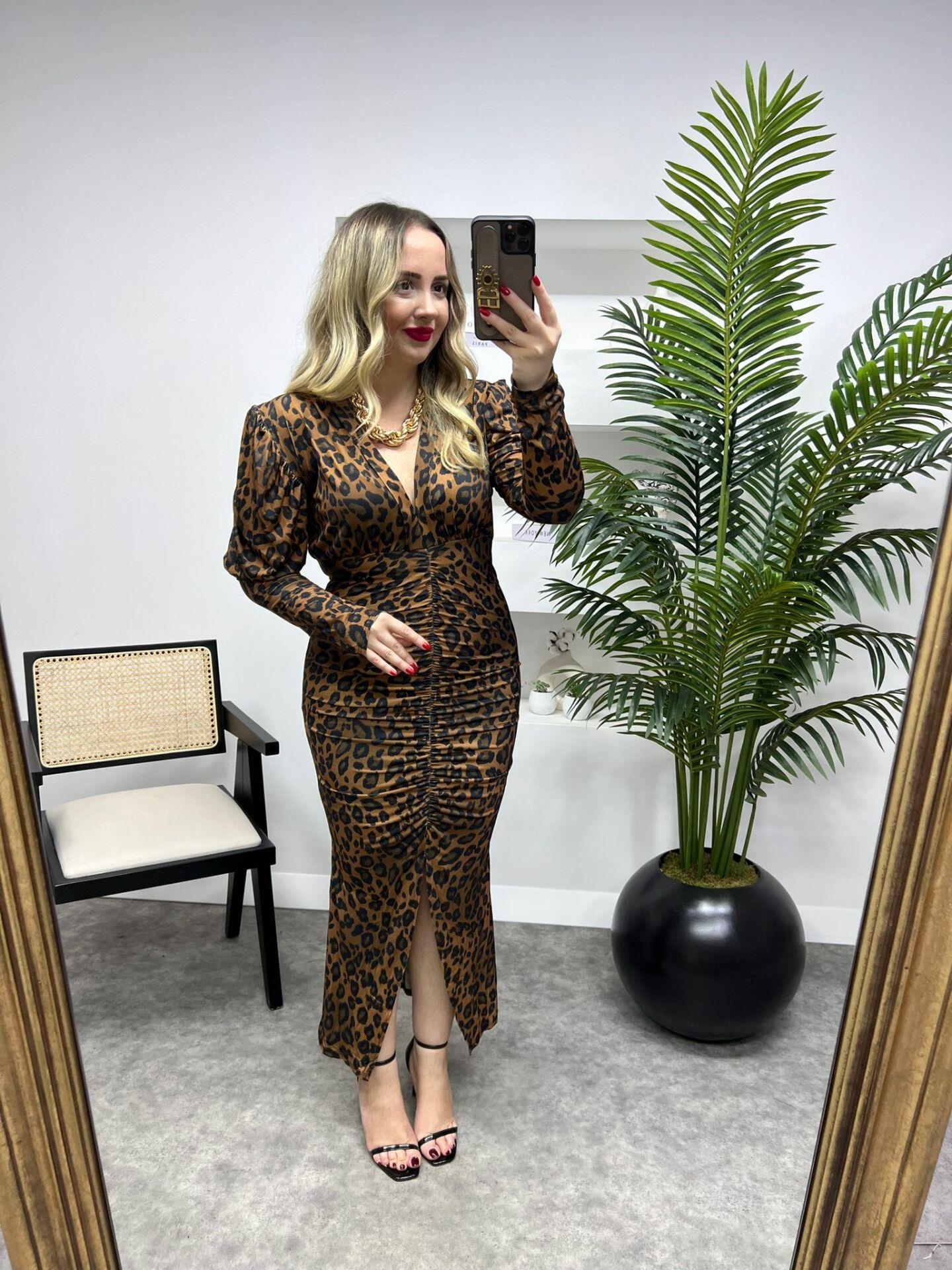 KARPUZ KOL VATKALI LEOPAR DESENLİ ELBİSE