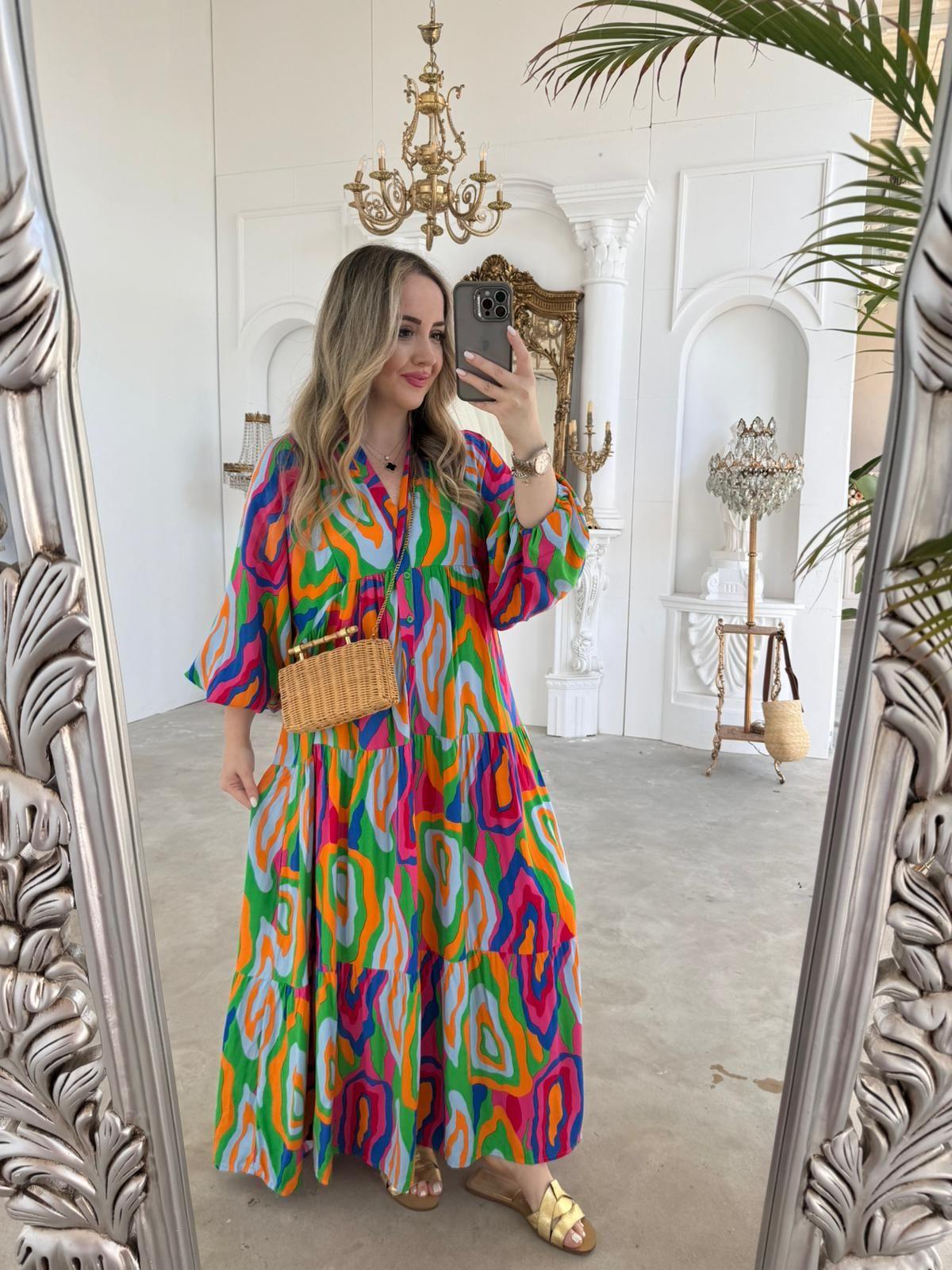 KATLEYA MODEL ÇOK RENKLİ PAMUK VİSKON ELBİSE