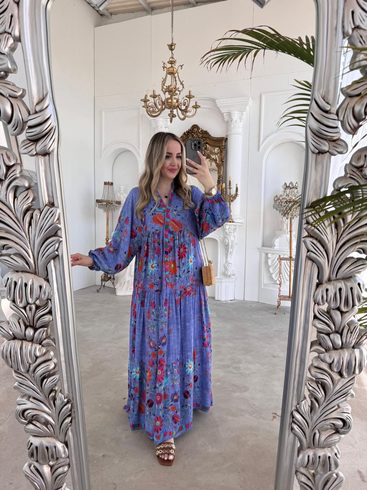 KATLEYA MODEL MAVİ KIRMIZI ÇİÇEKLİ ELBİSE