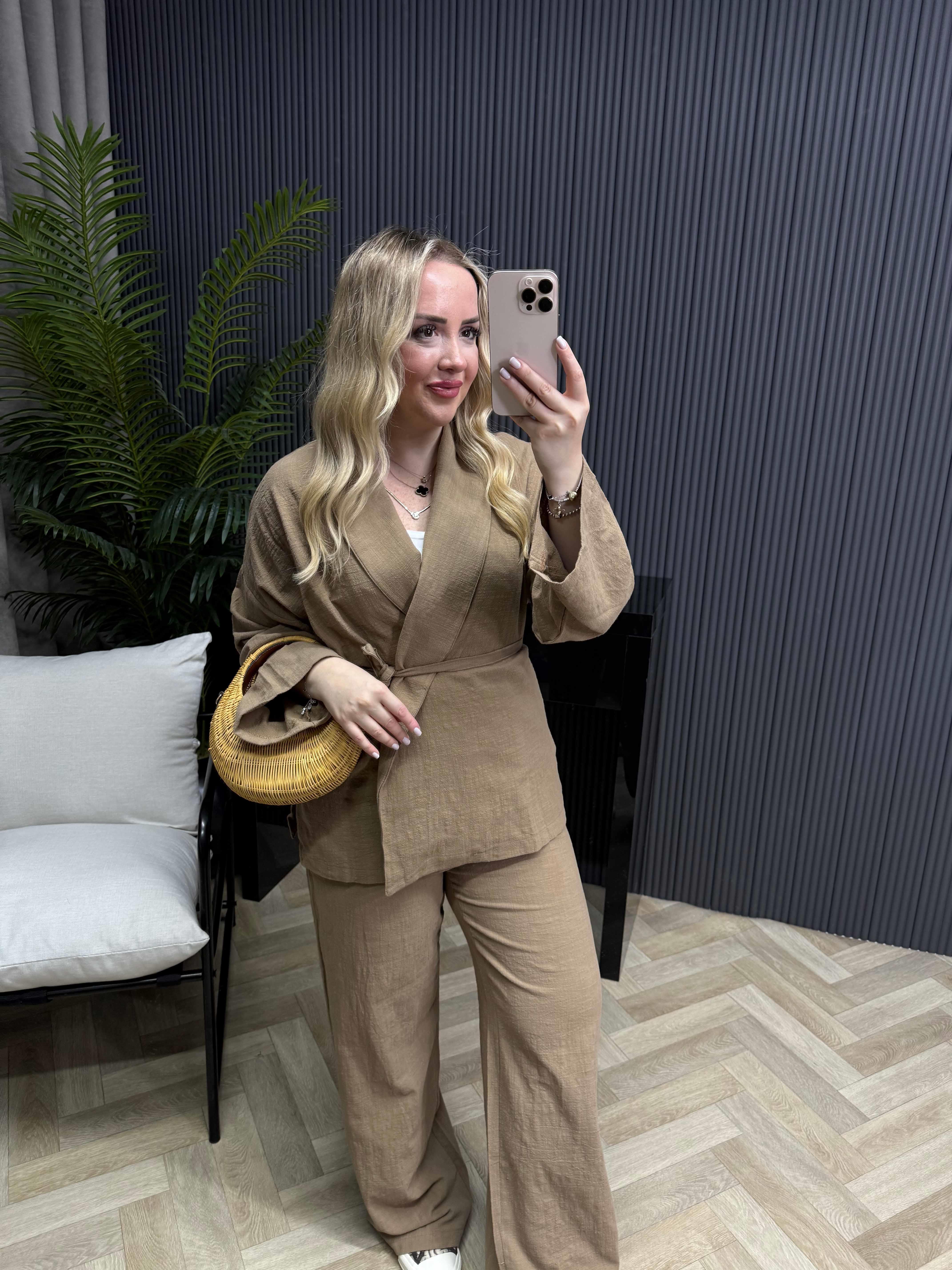 Kimonulu Keten Takım Kahverengi