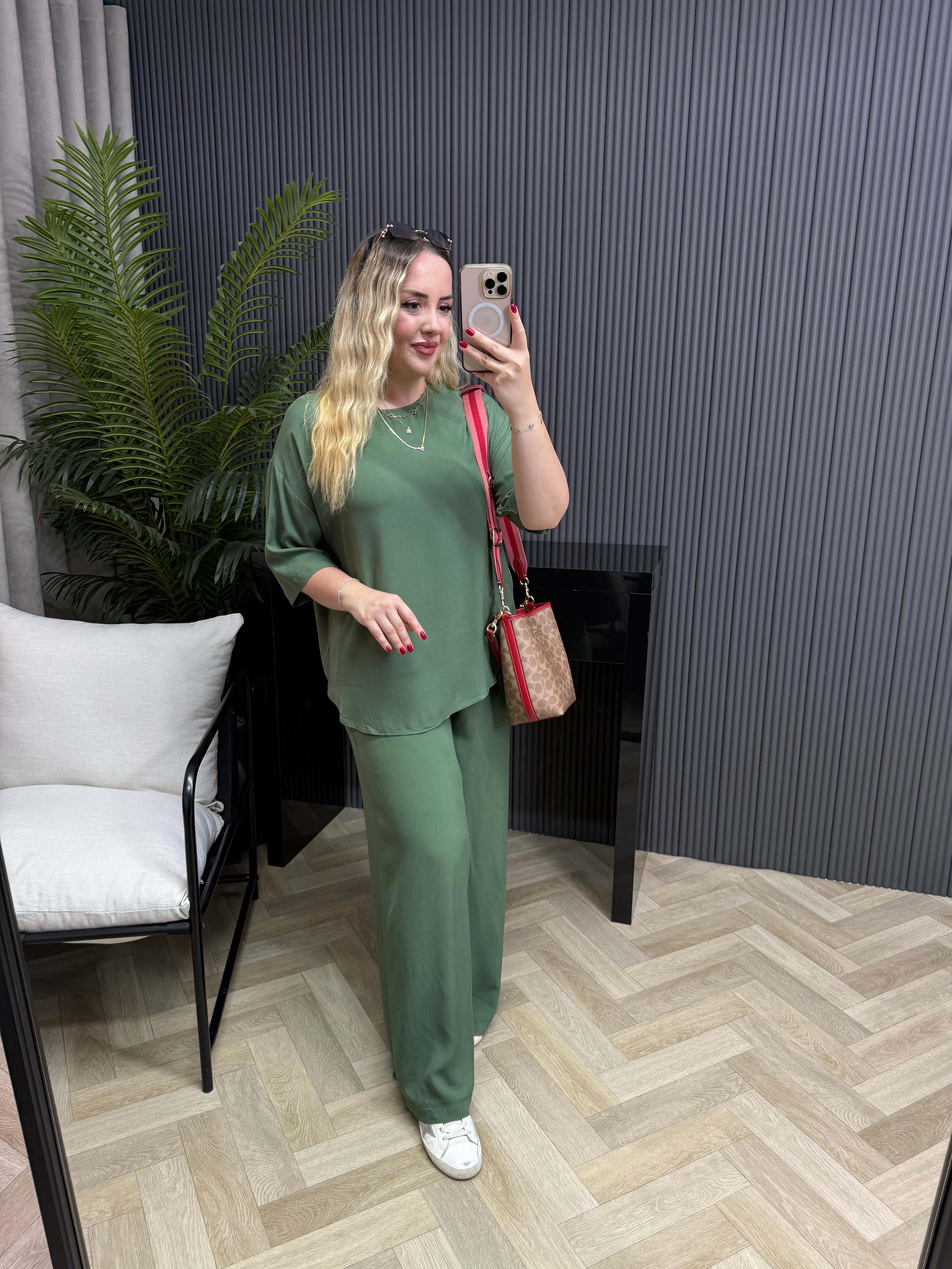 Kısa Kollu Pamuk Viskon Takım Haki