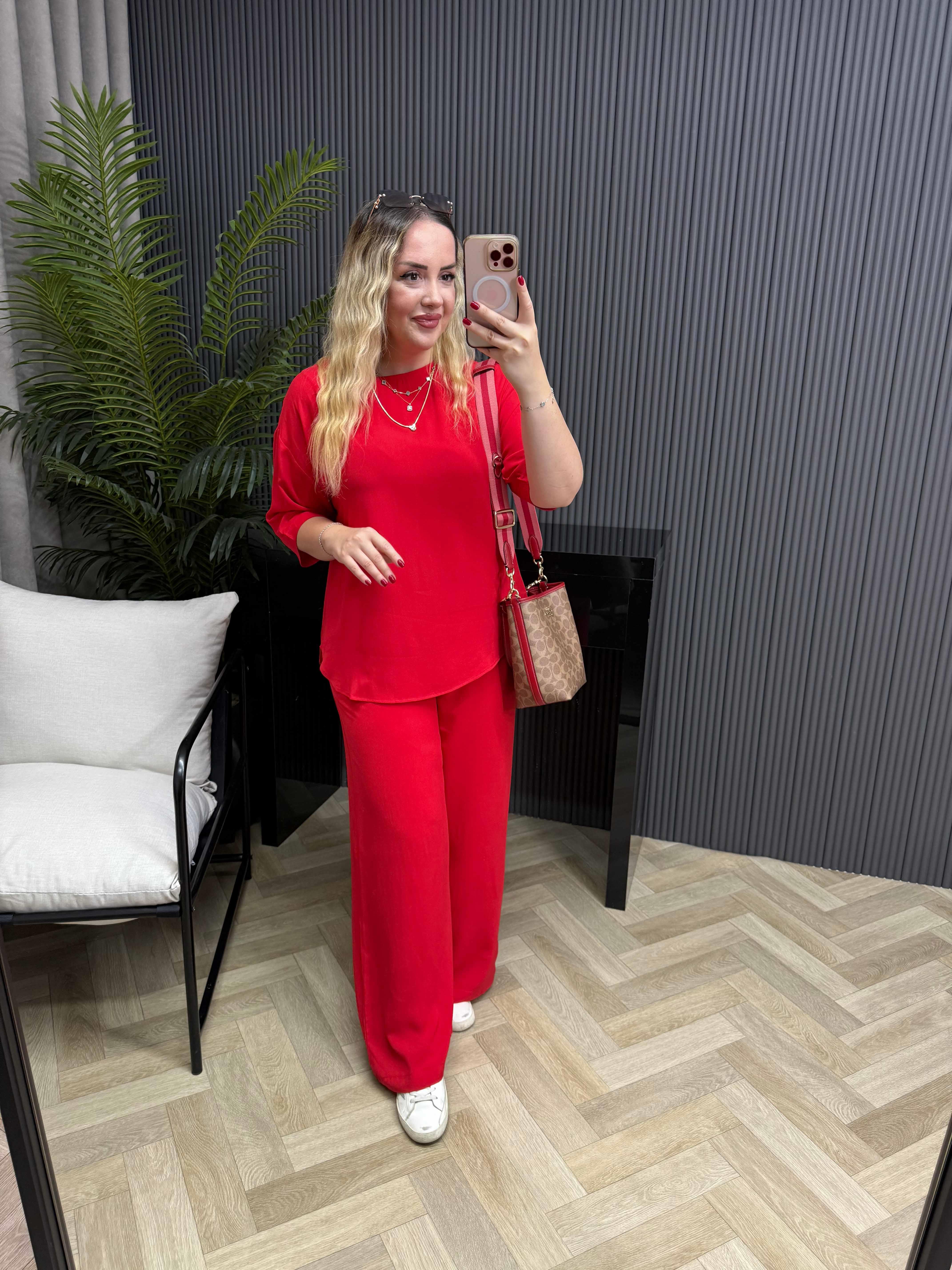 Kısa Kollu Pamuk Viskon Takım Nar Çiçeği