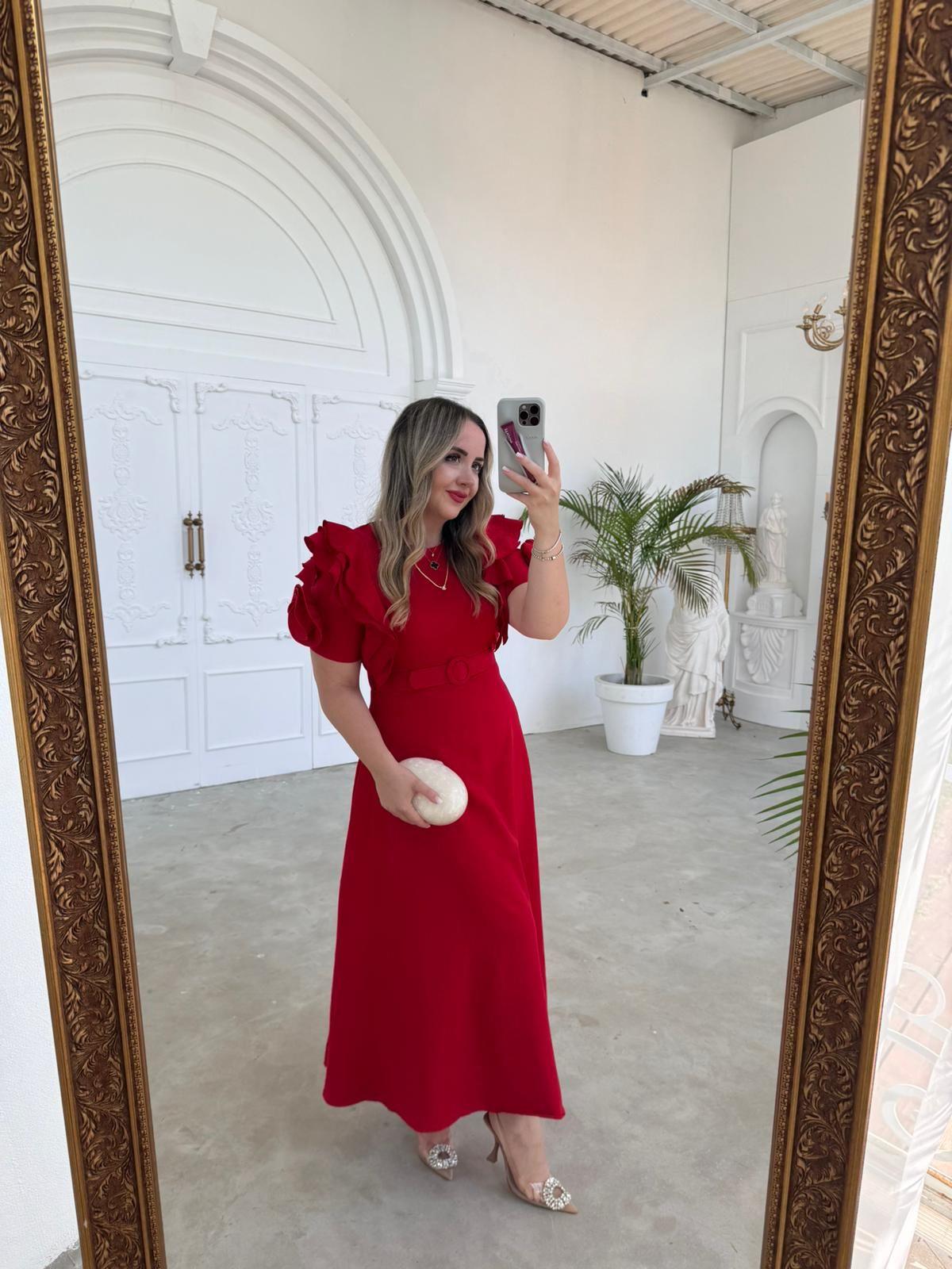 LEONA ÖZEL TASARIM KEMERLİ ELBİSE KIRMIZI