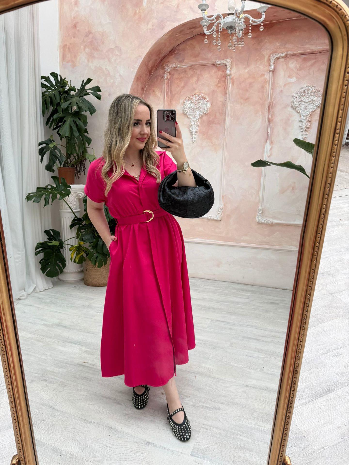 MATİLDA KISA KOLLU PAMUK SATEN ELBİSE FUŞYA