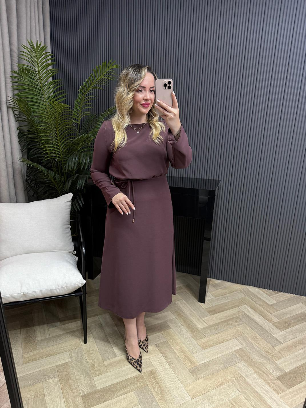 Noren Gold Detaylı Kuşaklı Tasarım Elbise Açık Mürdüm