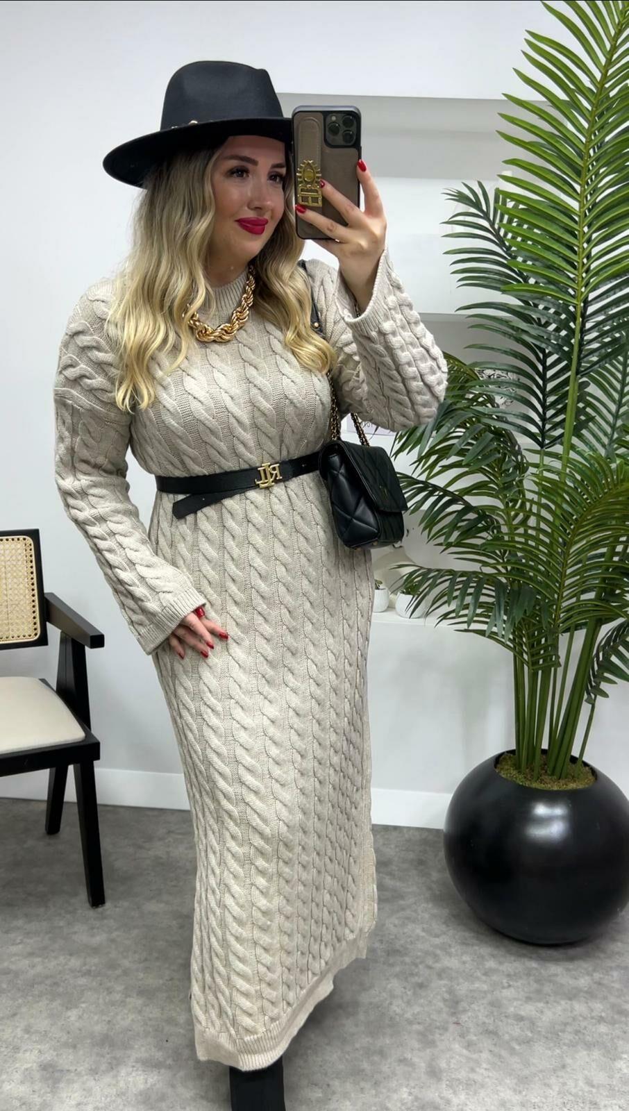 ÖRGÜ DESENLİ TRİKO ELBİSE BEJ