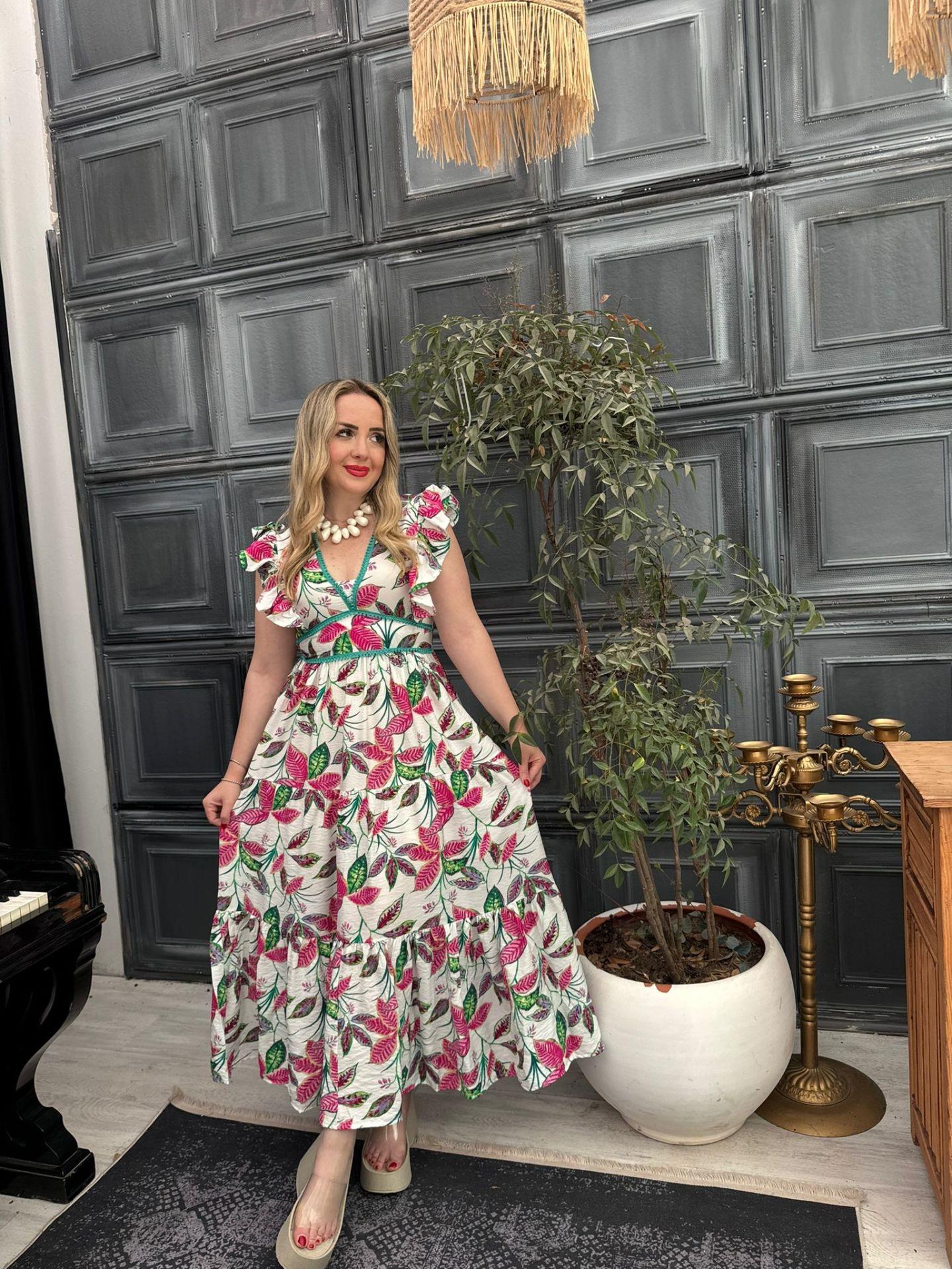 ORJ MARKA ÇİÇEKLİ MİNT YEŞİLİ DETAYLI ELBİSE