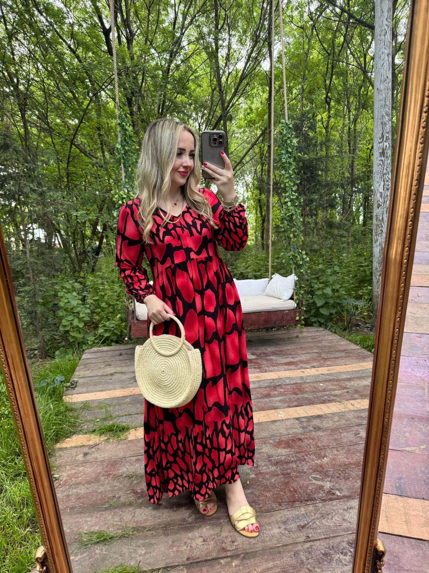 ORJ ZR KIRMIZI-SİYAH MAXİ UZUN ELBİSE