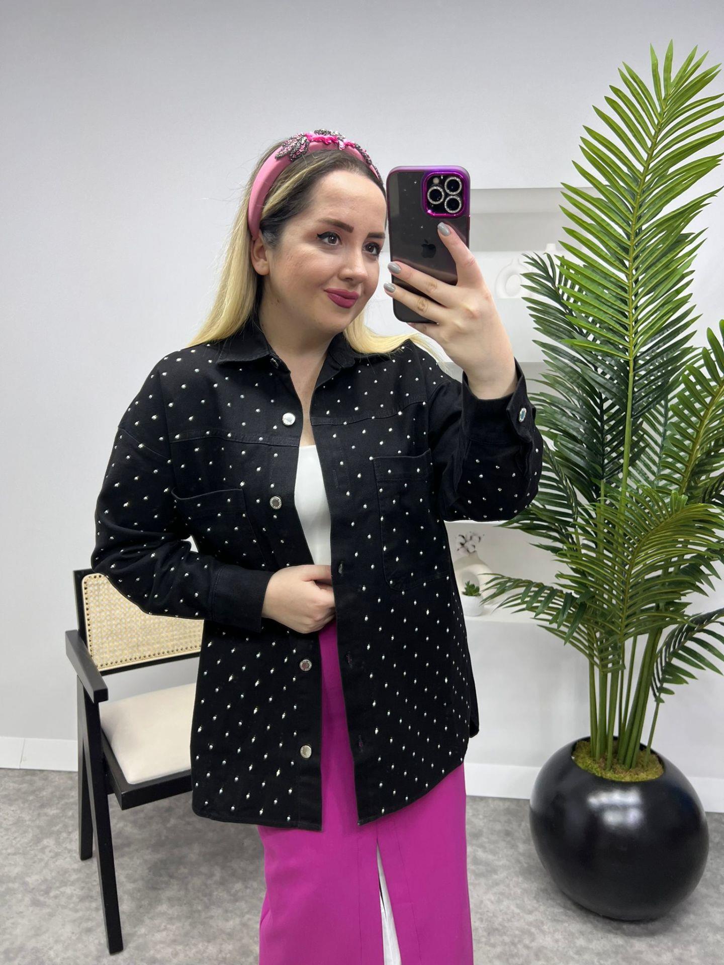 OVERSİZE KALIP TAŞLI TASARIM KOT CEKET SİYAH