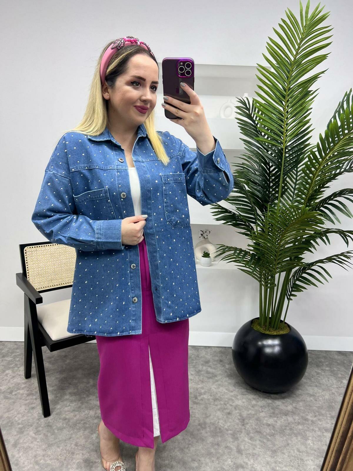 OVERSİZE KALIP TAŞLI TASARIM KOT CEKET MAVİ