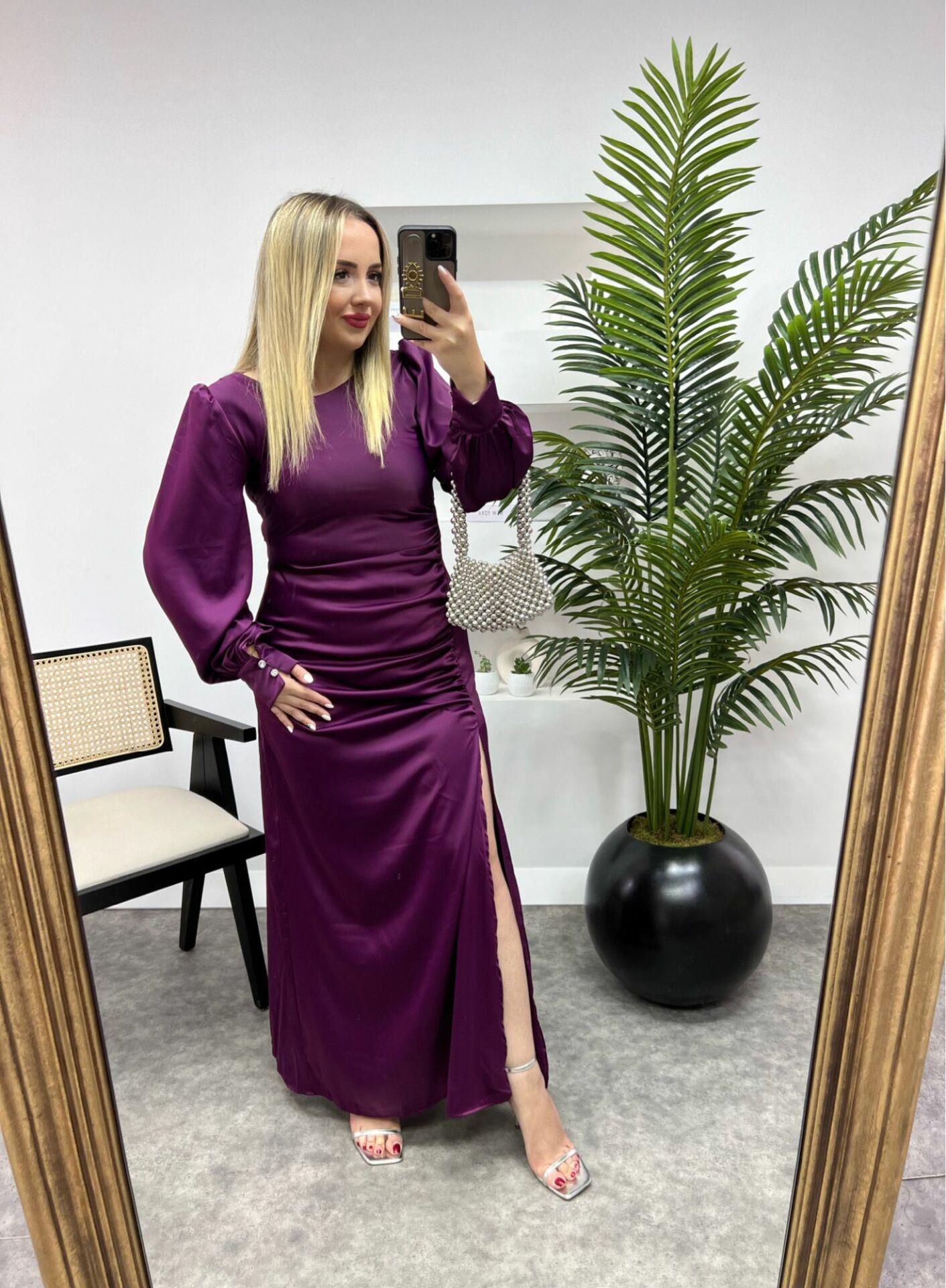 ÖZEL TASARIM VATKALI DRAPELİ MOR SATEN ELBİSE