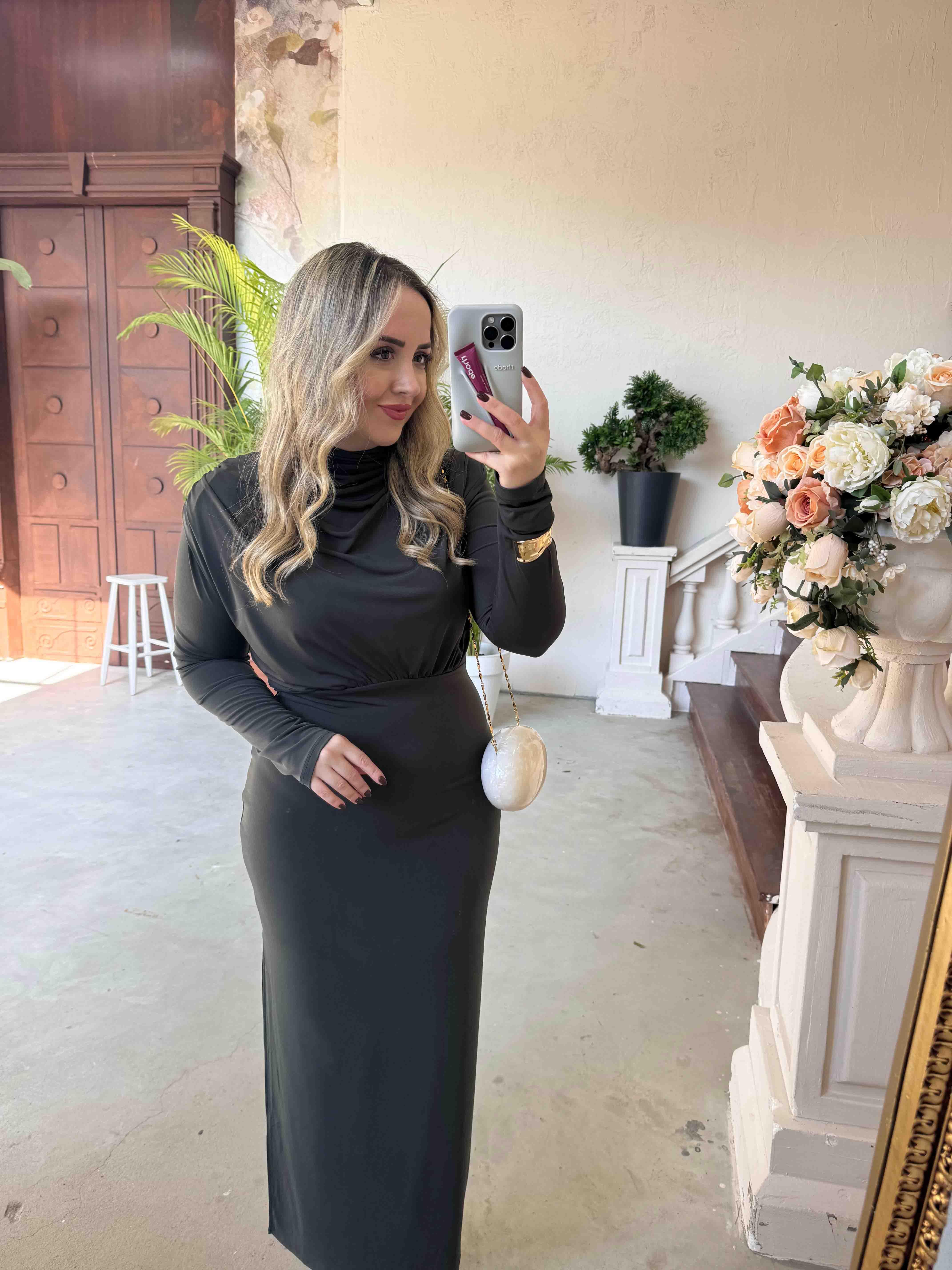 PAMELA VATKALI DEGAJE YAKA TASARIM ELBİSE HAKİ