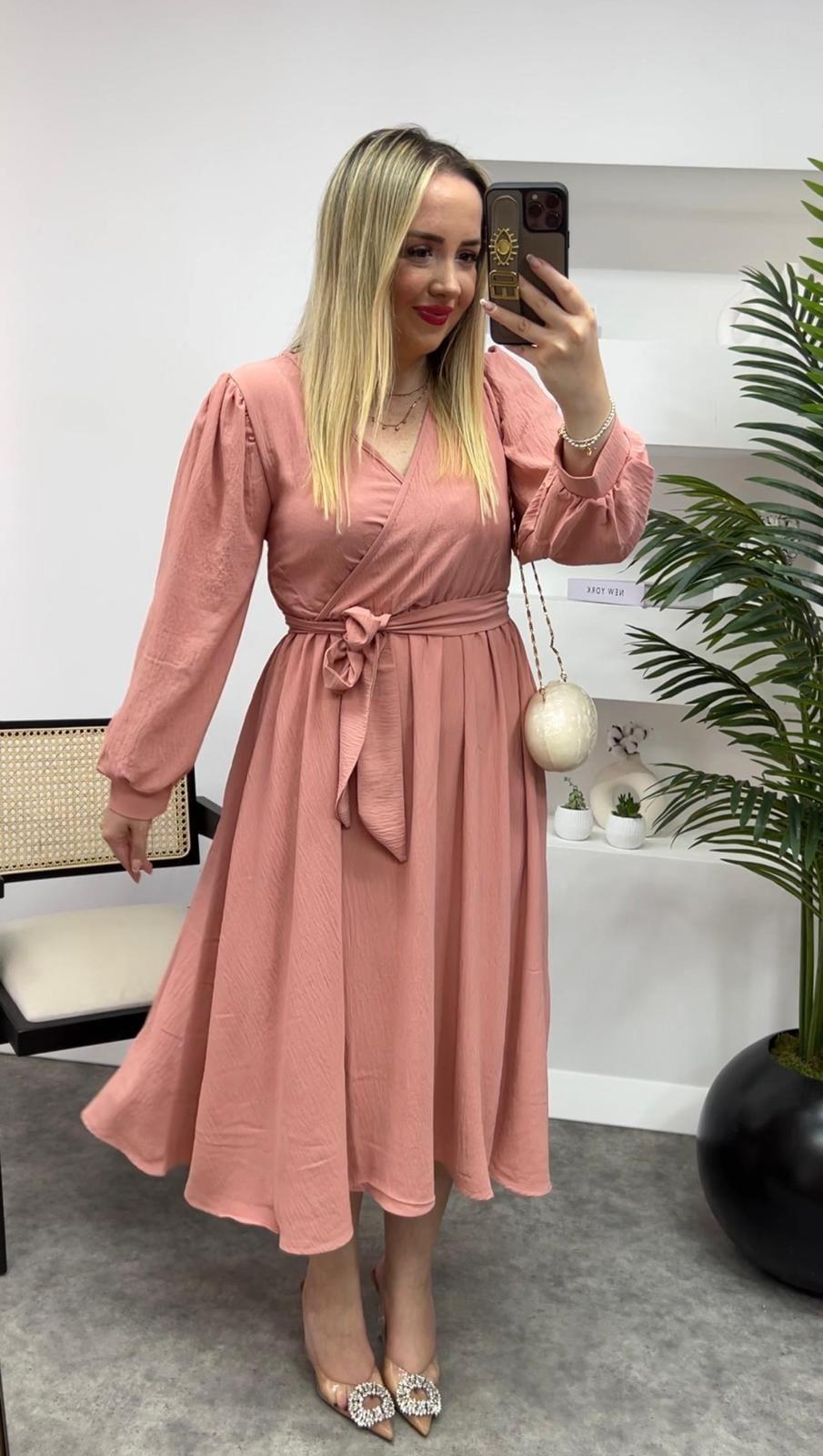 PRENSES MODEL BELİ LASTİKLİ ELBİSE GÜL KURUSU