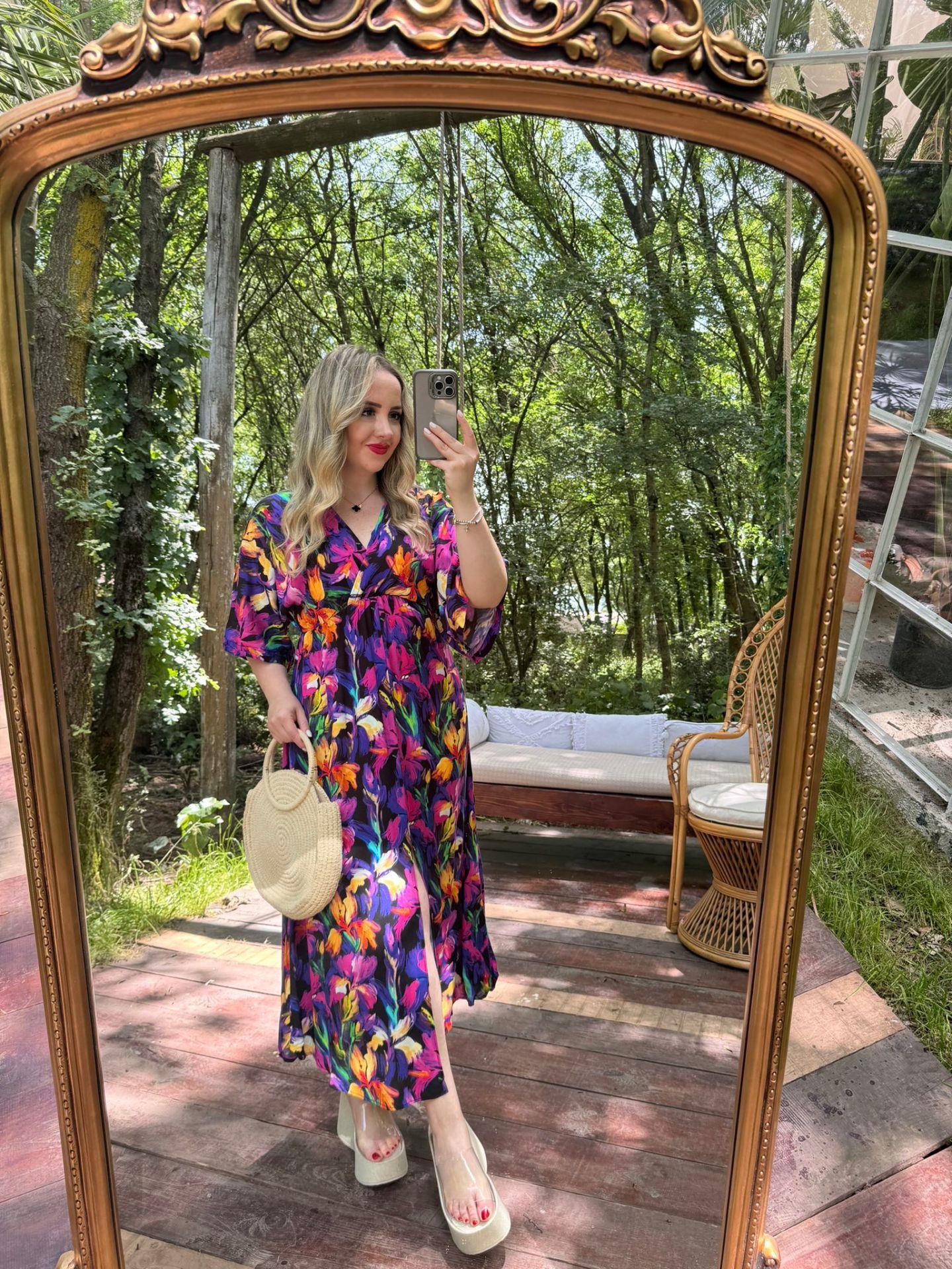 SERENA MOR ÇİÇEKLİ BELİ LASTIKLI ELBİSE