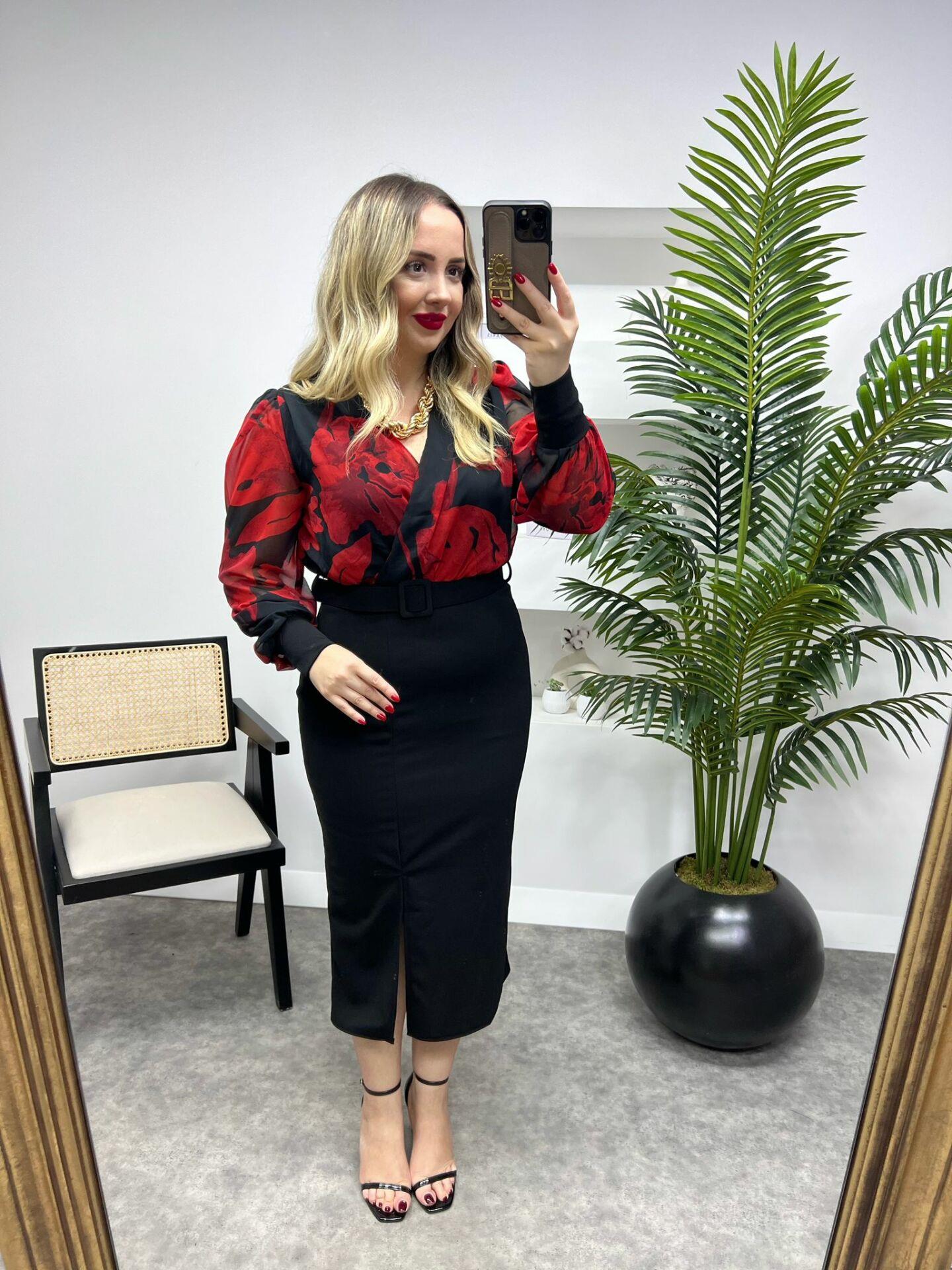 ŞİFON GÖMLEK DETAYLI KALEM ELBİSE KİRMİZİ