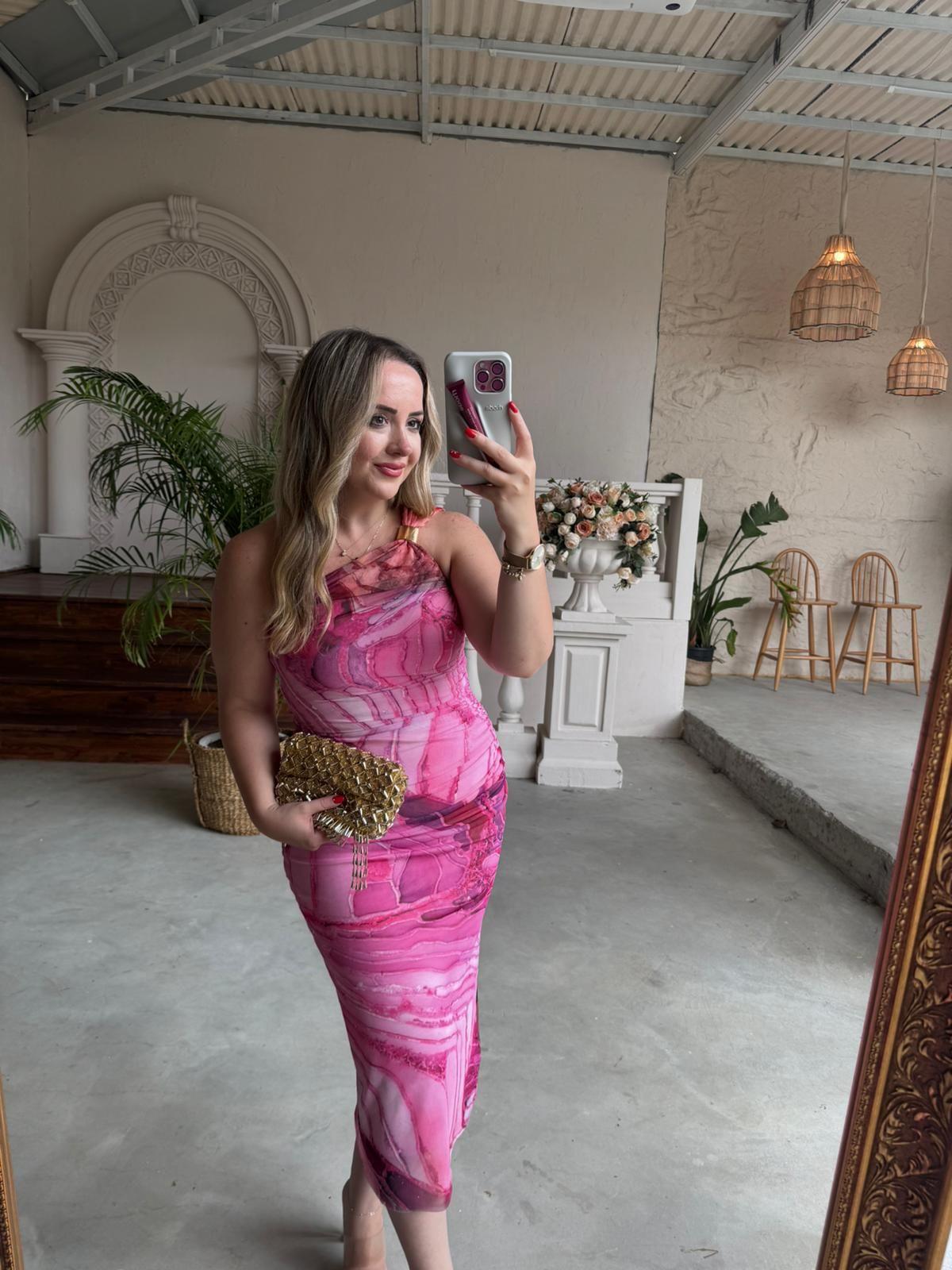 TEK OMUZLU GOLD DETAYLI TÜL ELBİSE PEMBE