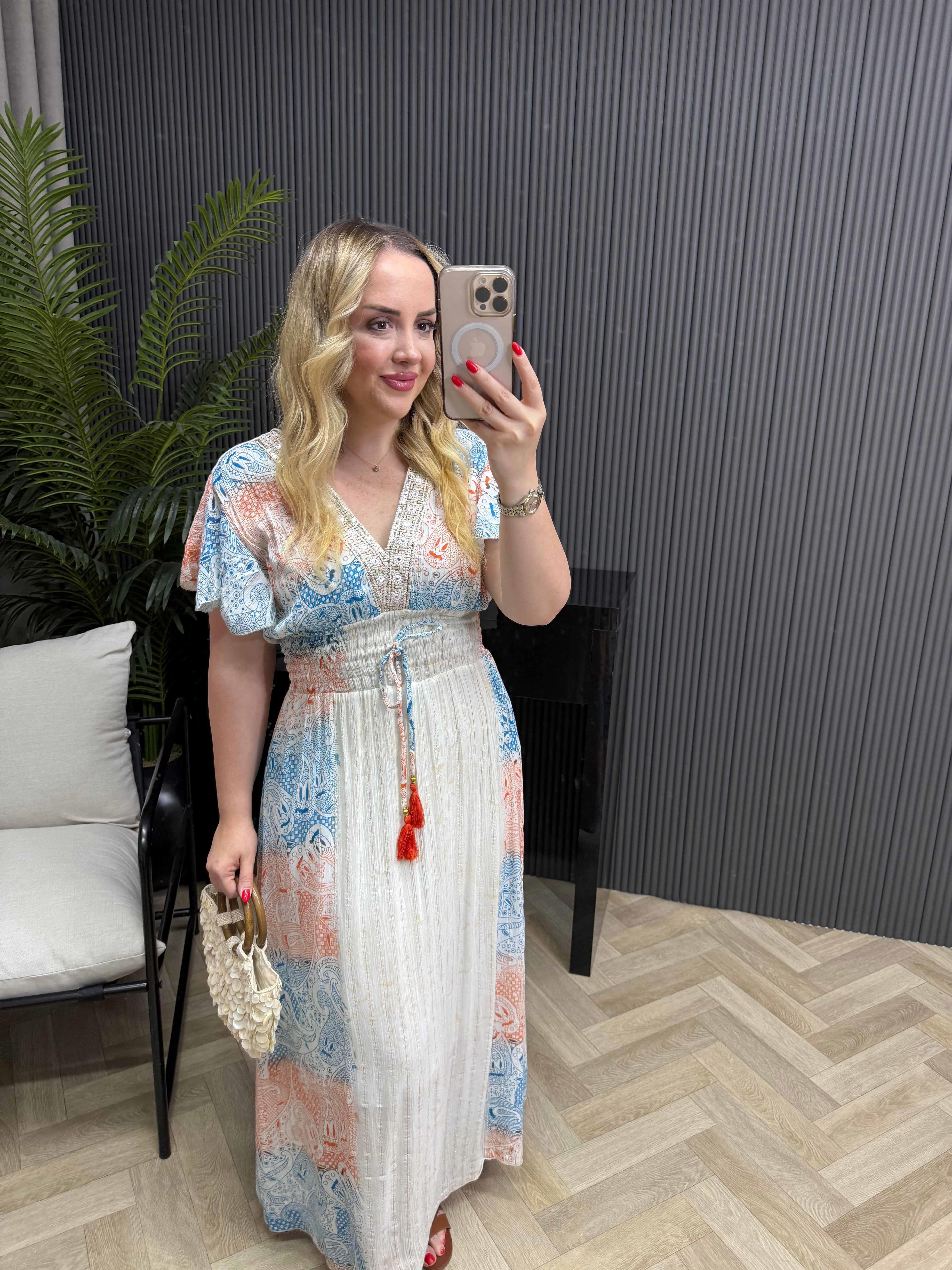 Vanessa Önü Pul Detay Beli Lastikli Tasarım İthal Elbise Mavi