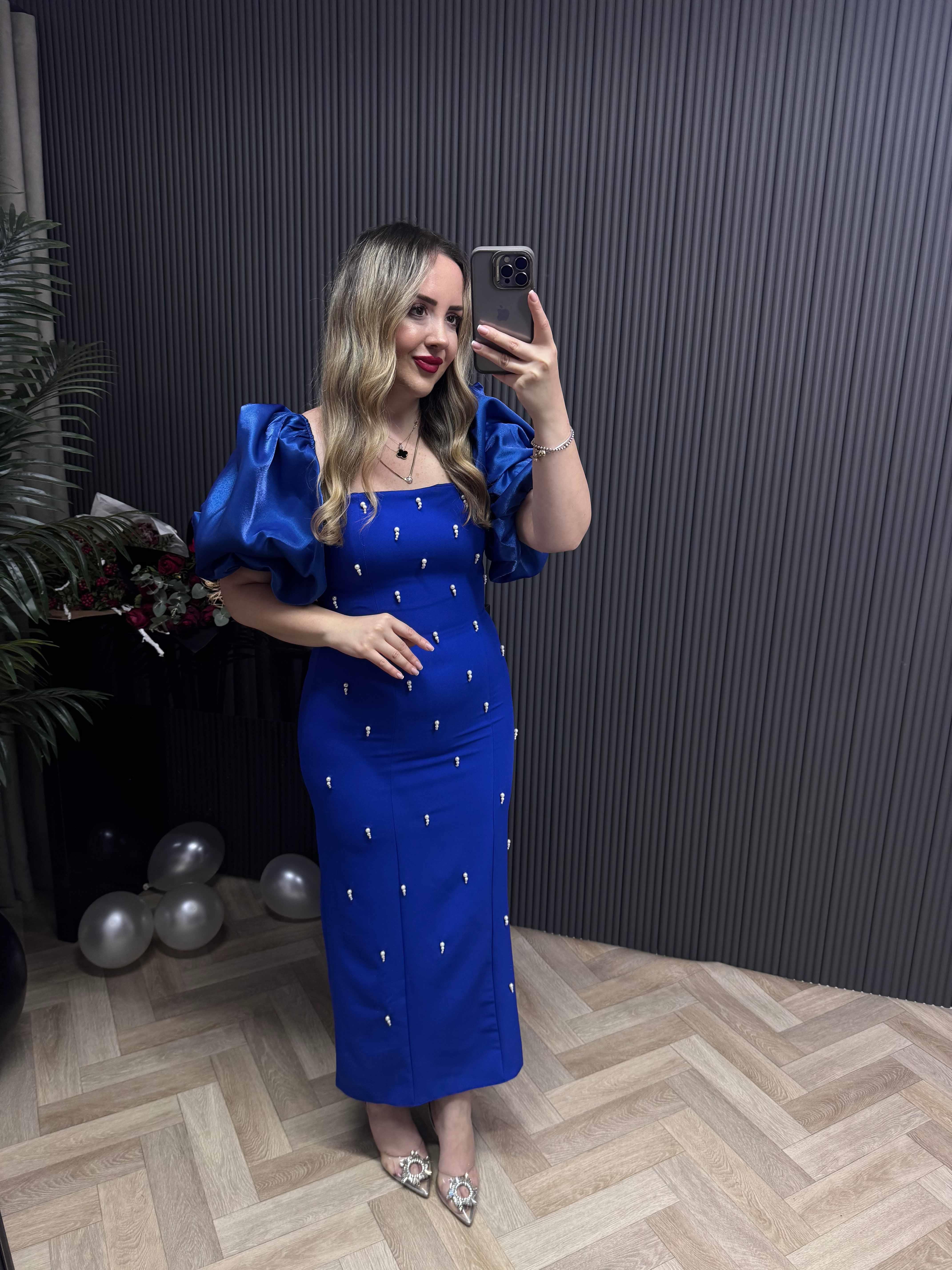 Violet İnci Detay Balon Kol Kalem Elbise Saks Mavisi