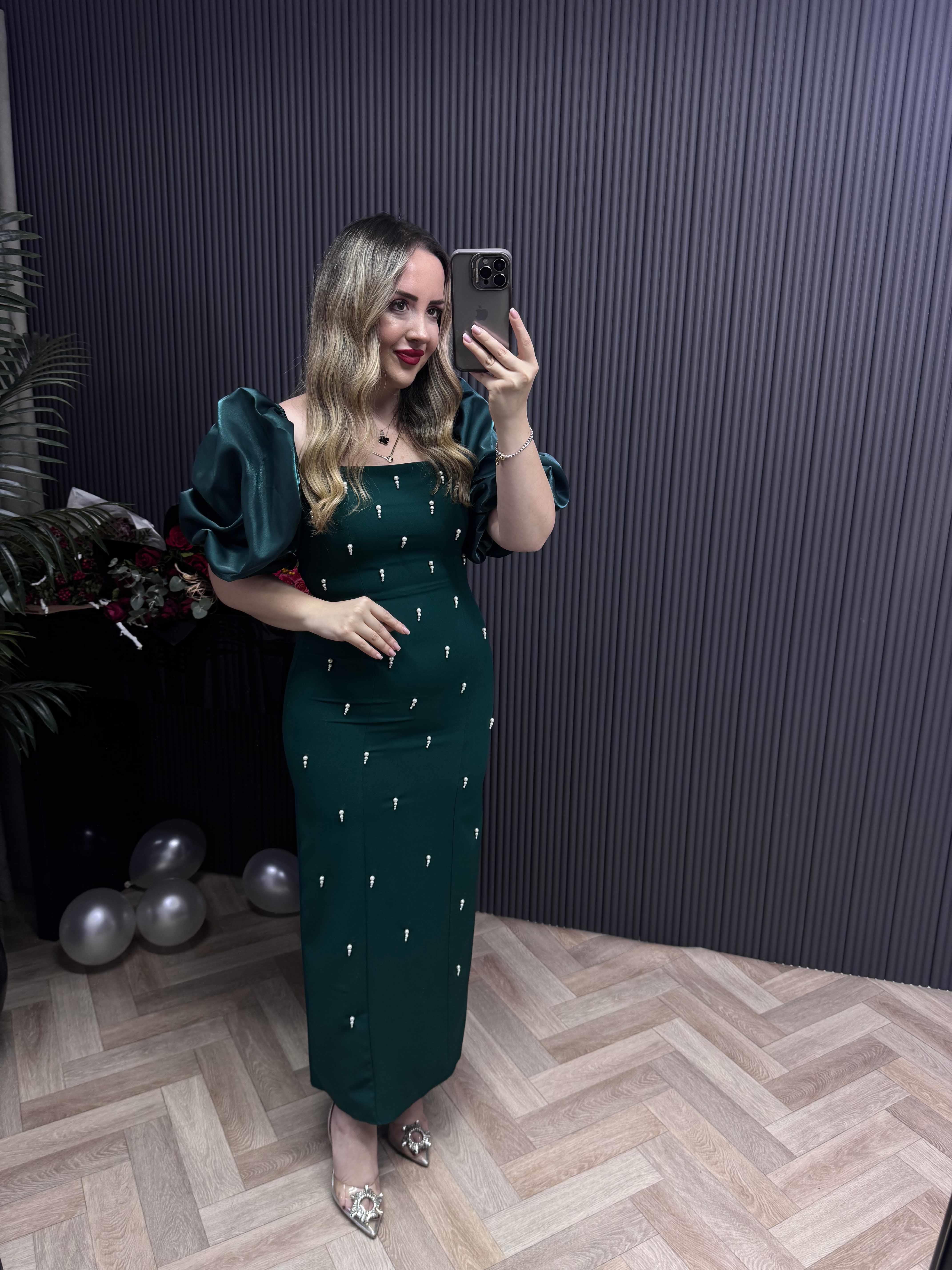 Violet İnci Detay Balon Kol Kalem Elbise Zümrüt